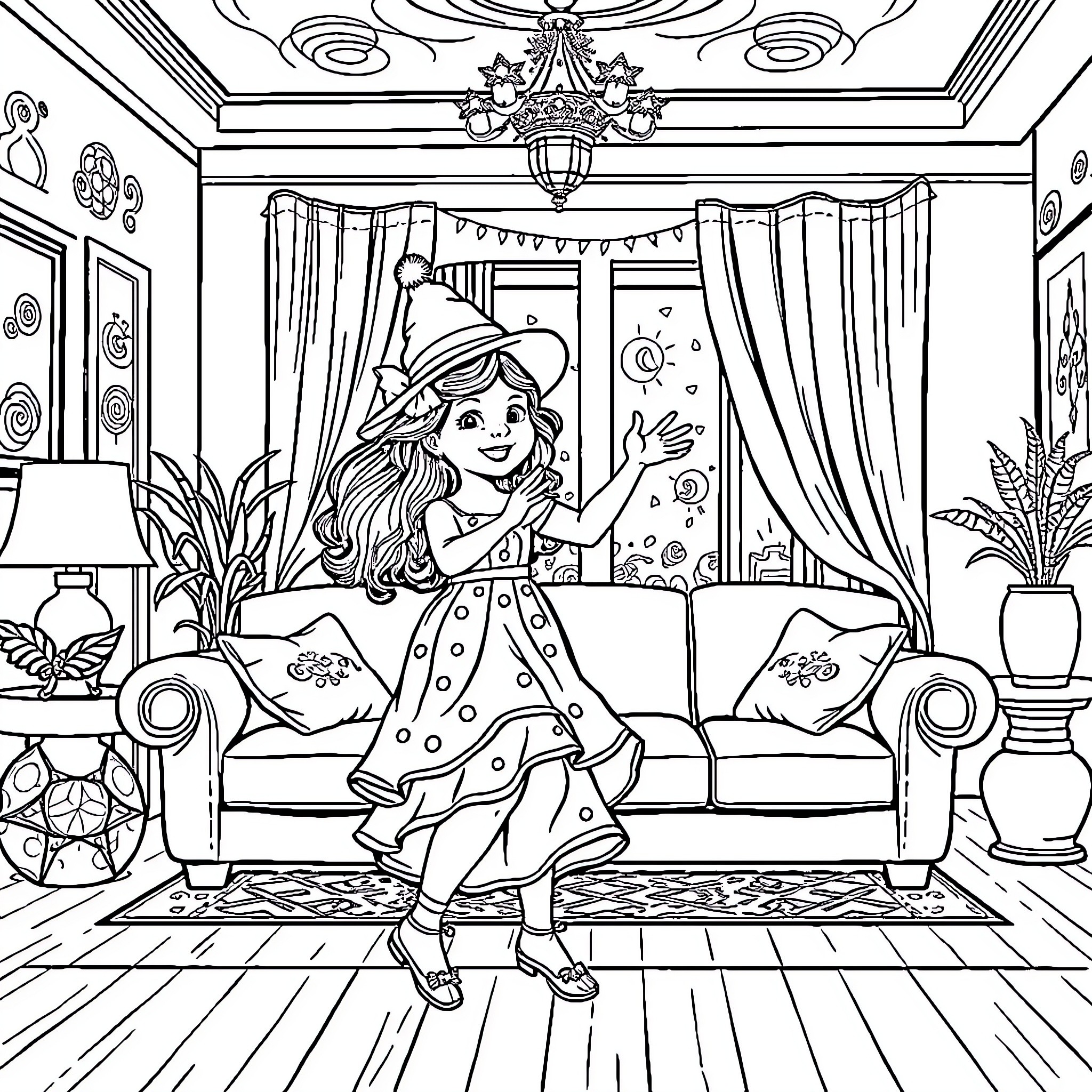 Nina's Whimsical Indoor Adventure Coloring Page (free black-and-white line drawing printable PDF for all, from beginners to advanced learners, including children, teens, adults, and seniors)
