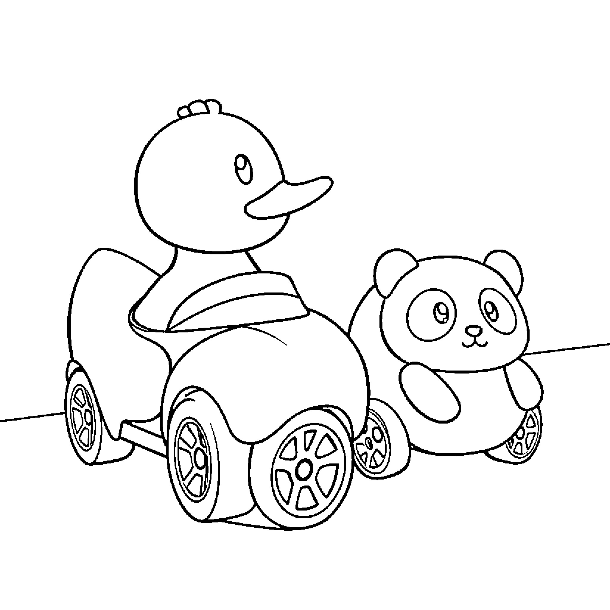 Car toy ducks and pandas on a ride Coloring Page (free black-and-white line drawing printable PDF for all, from beginners to advanced learners, including children, teens, adults, and seniors)