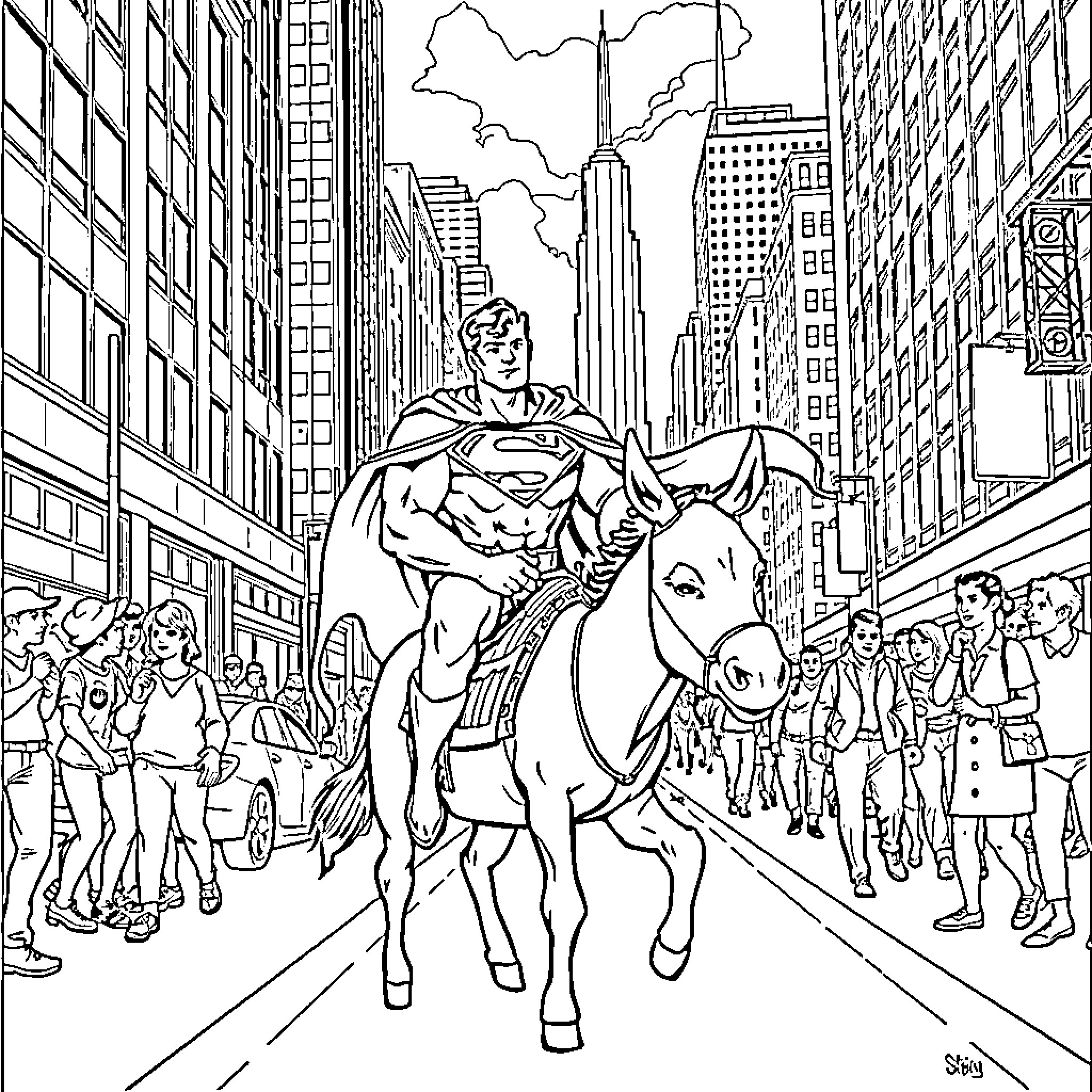 Superman riding a horse through a busy city street Coloring Page (free black-and-white line drawing printable PDF for all, from beginners to advanced learners, including children, teens, adults, and seniors)