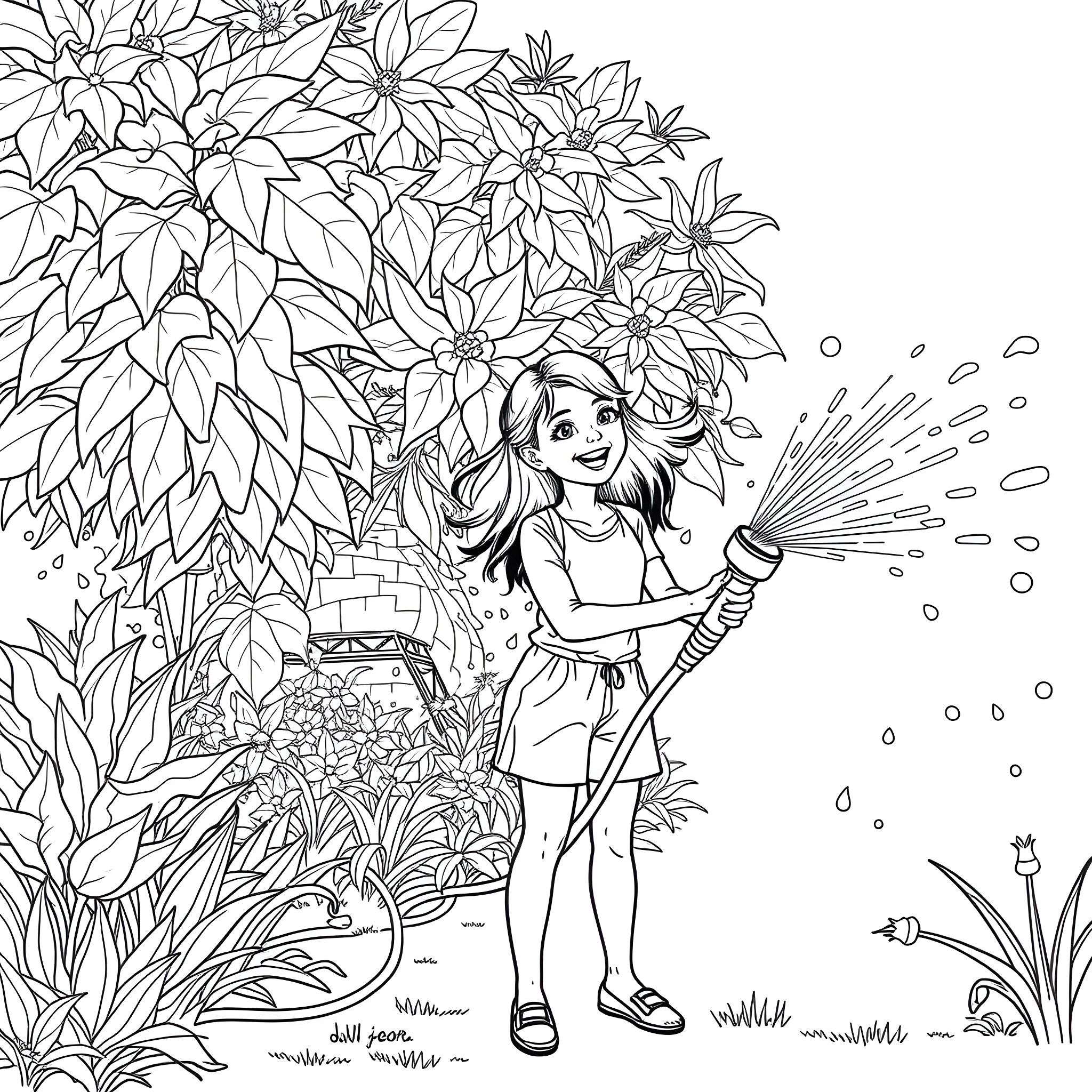 Girl watering flowers in the garden Coloring Page (free black-and-white line drawing printable PDF for all, from beginners to advanced learners, including children, teens, adults, and seniors)