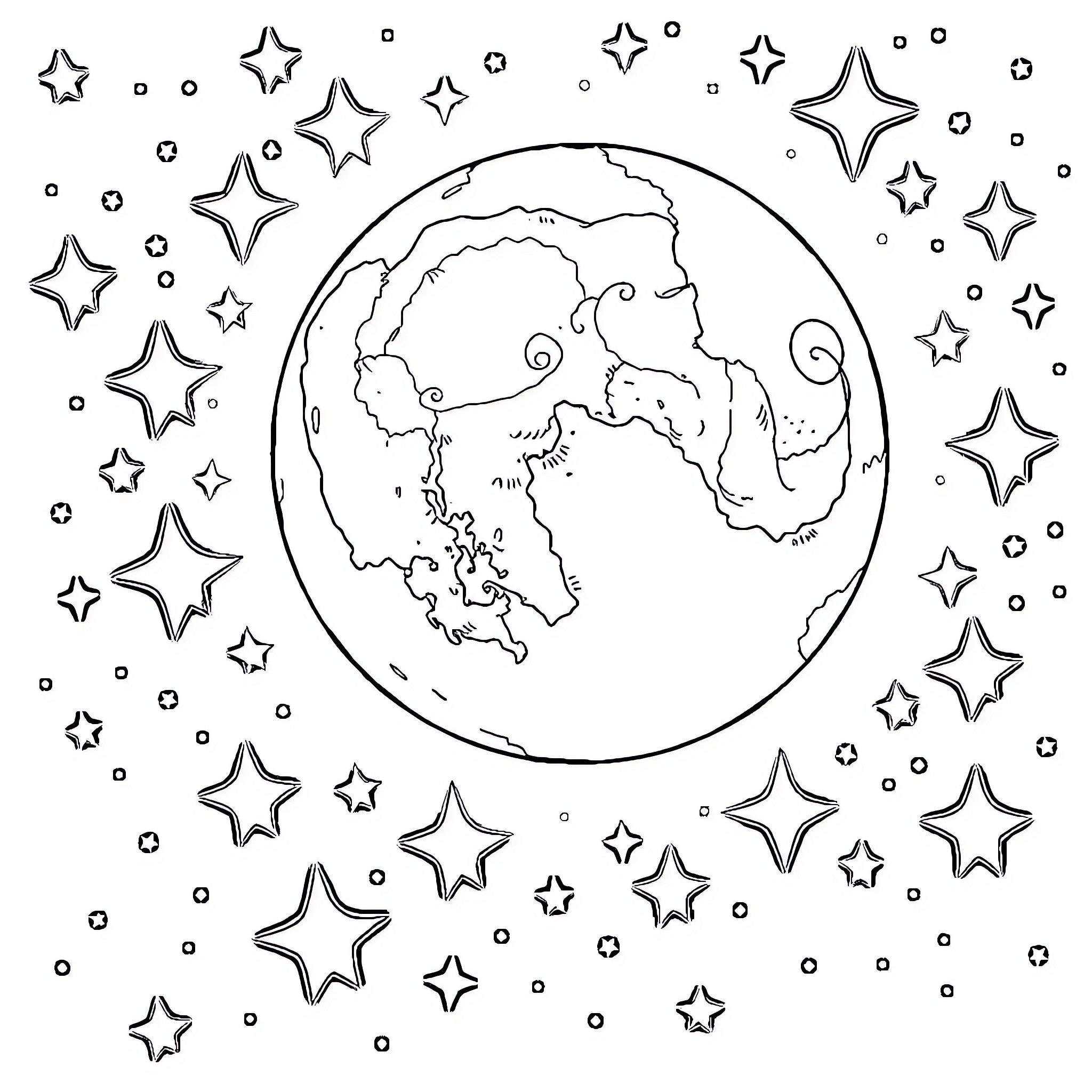 Full Moon with Dazzling Stars Coloring Page (free black-and-white line drawing printable PDF for all, from beginners to advanced learners, including children, teens, adults, and seniors)