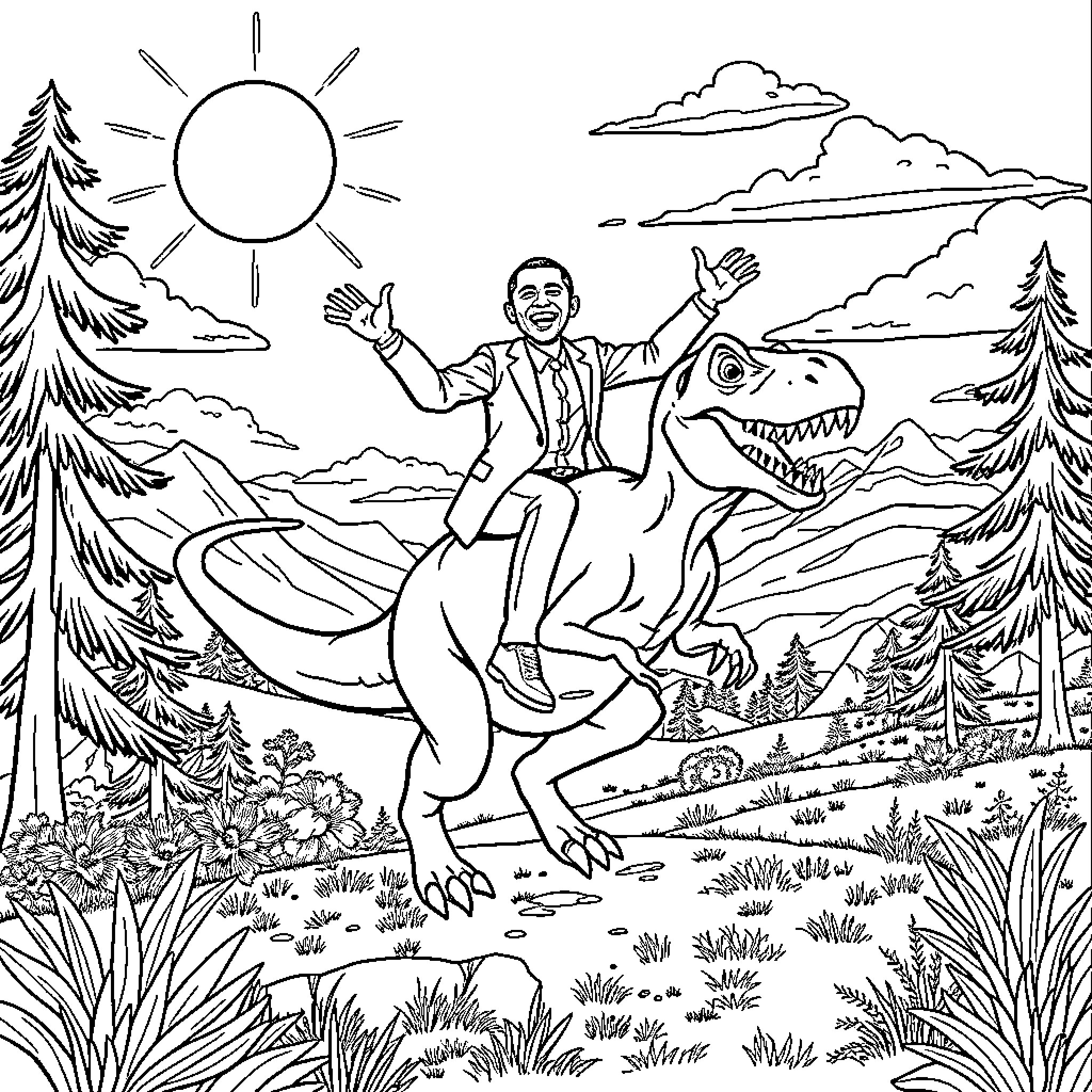 Obama riding a dinosaur in a natural setting Coloring Page (free black-and-white line drawing printable PDF for all, from beginners to advanced learners, including children, teens, adults, and seniors)