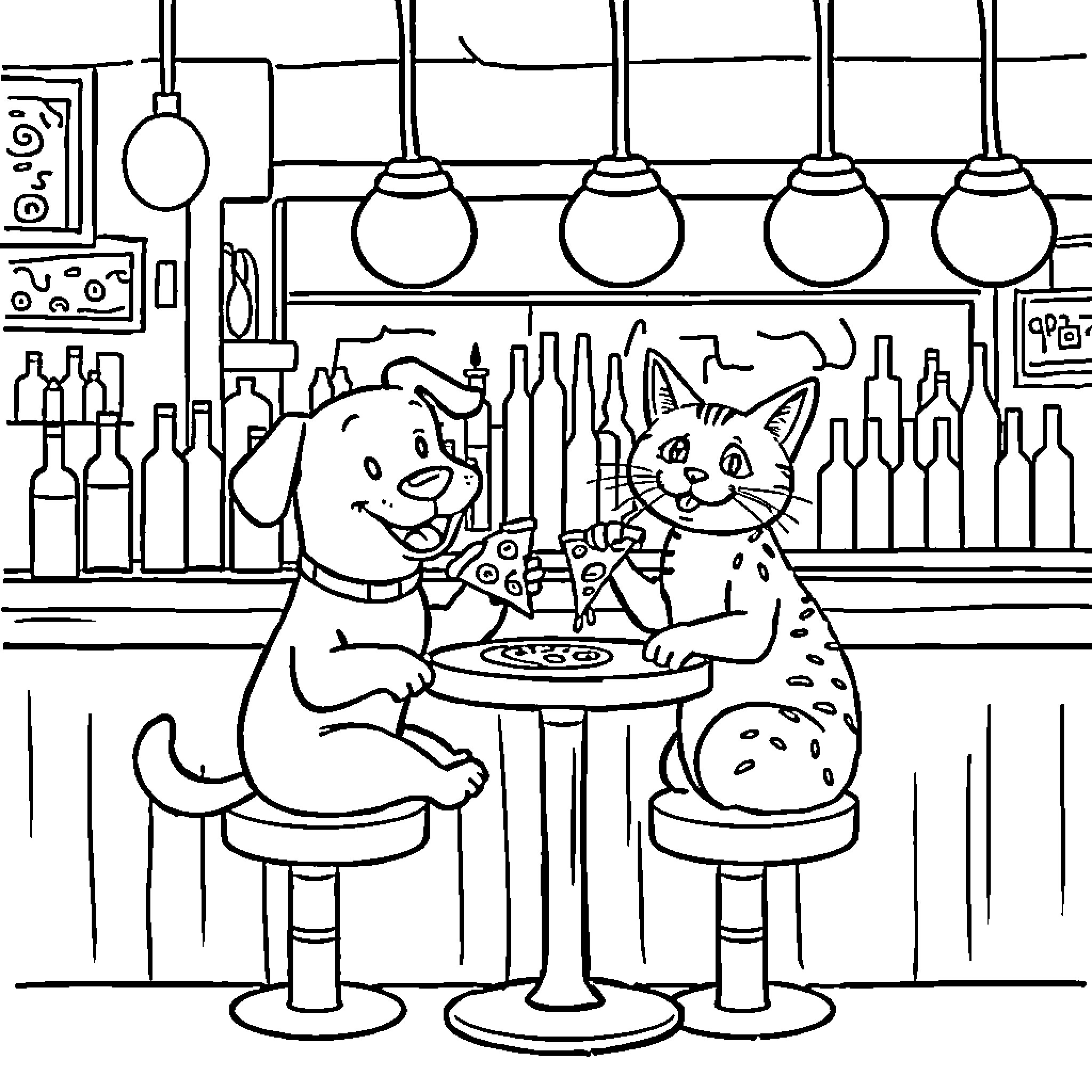 Dog and Cat Enjoying a Meal at the Bar Coloring Page (free black-and-white line drawing printable PDF for all, from beginners to advanced learners, including children, teens, adults, and seniors)