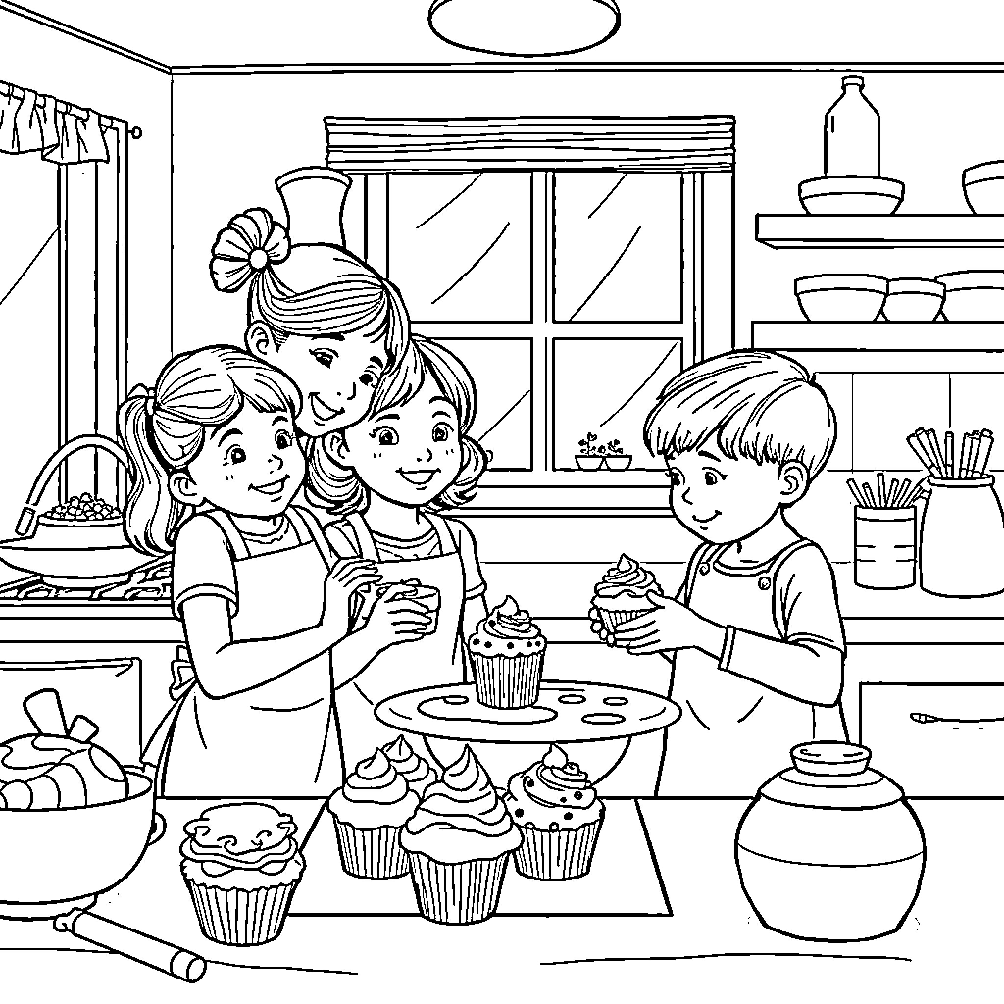 Child baking cupcakes with family in the kitchen Coloring Page (free black-and-white line drawing printable PDF for all, from beginners to advanced learners, including children, teens, adults, and seniors)