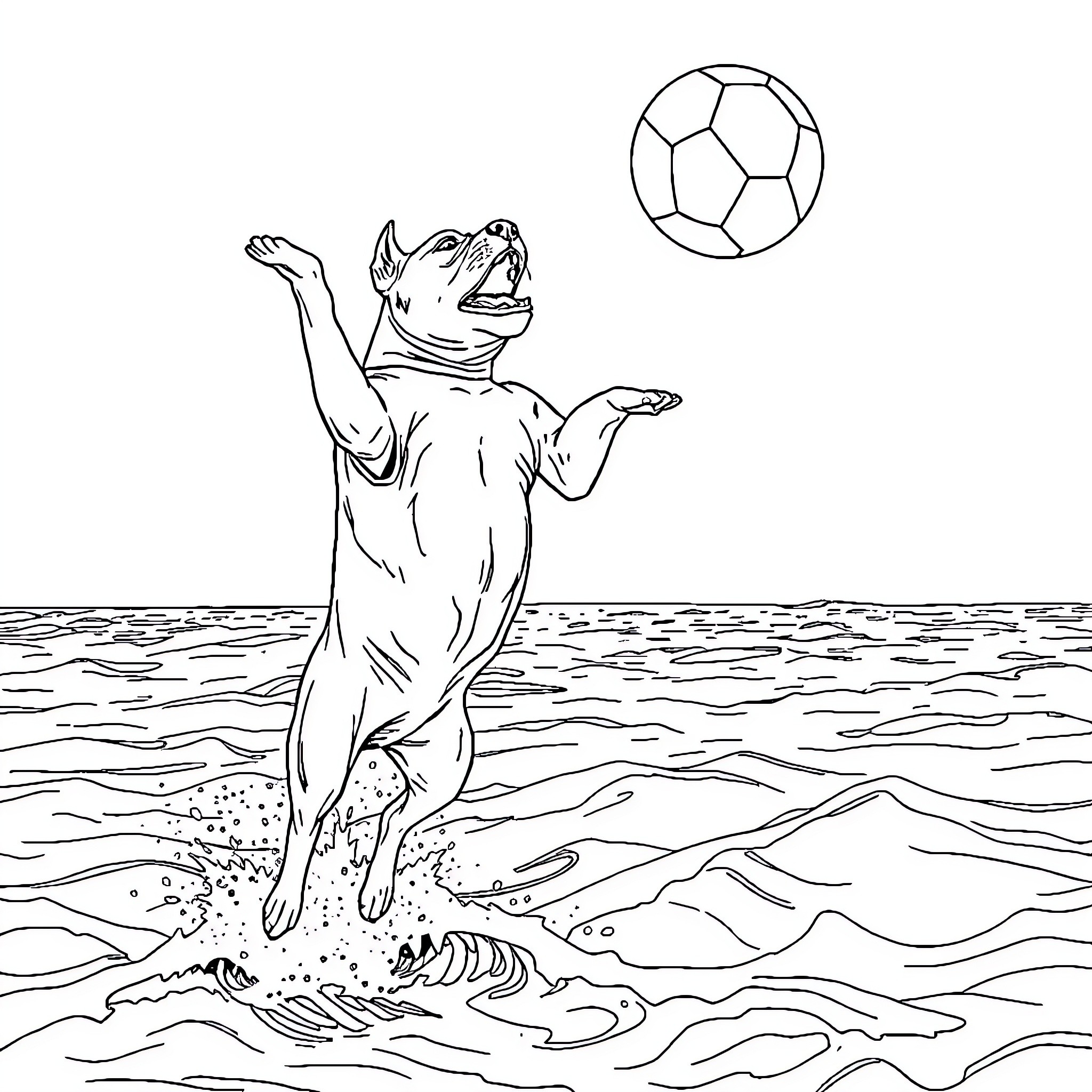 Pitbull enjoying a playful day at the beach Coloring Page (free black-and-white line drawing printable PDF for all, from beginners to advanced learners, including children, teens, adults, and seniors)