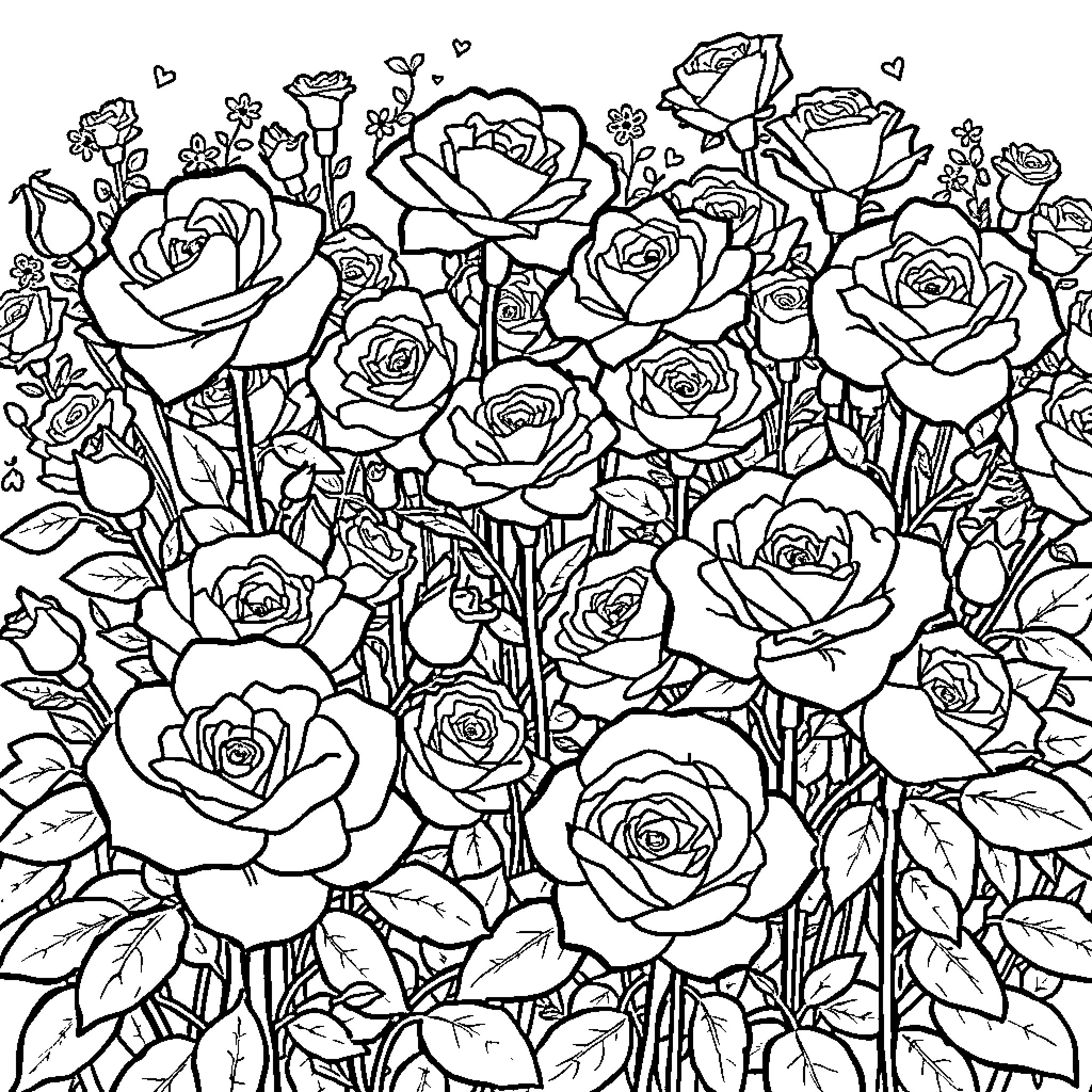 Rose Garden Blooming with Beauty Coloring Page (free black-and-white line drawing printable PDF for all, from beginners to advanced learners, including children, teens, adults, and seniors)