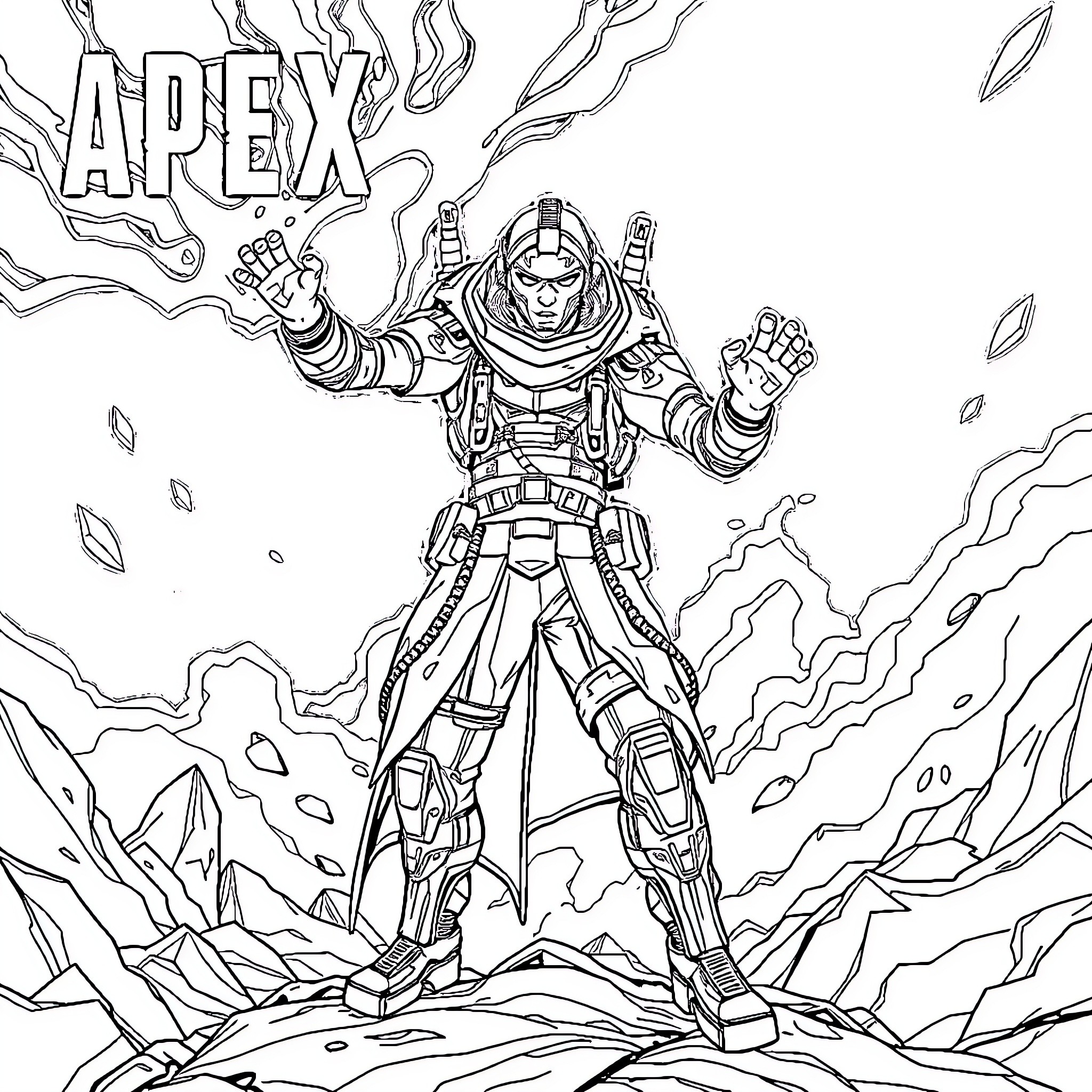 Conduit of apex legends character in action Coloring Page (free black-and-white line drawing printable PDF for all, from beginners to advanced learners, including children, teens, adults, and seniors)