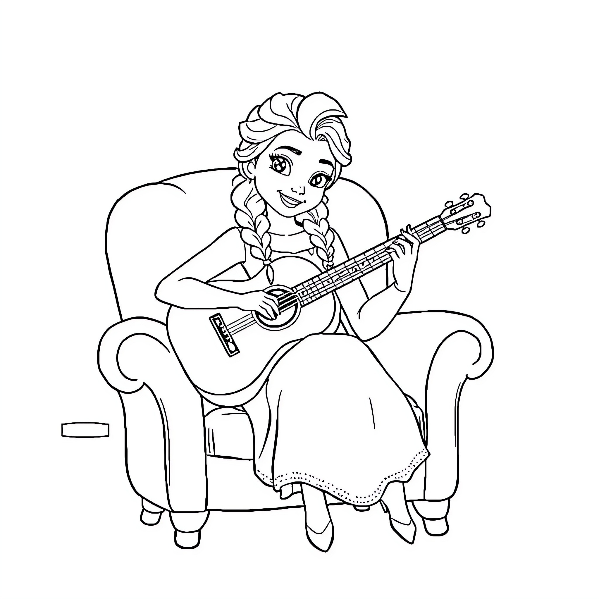 Elsa playing guitar and singing happily Coloring Page (free black-and-white line drawing printable PDF for all, from beginners to advanced learners, including children, teens, adults, and seniors)