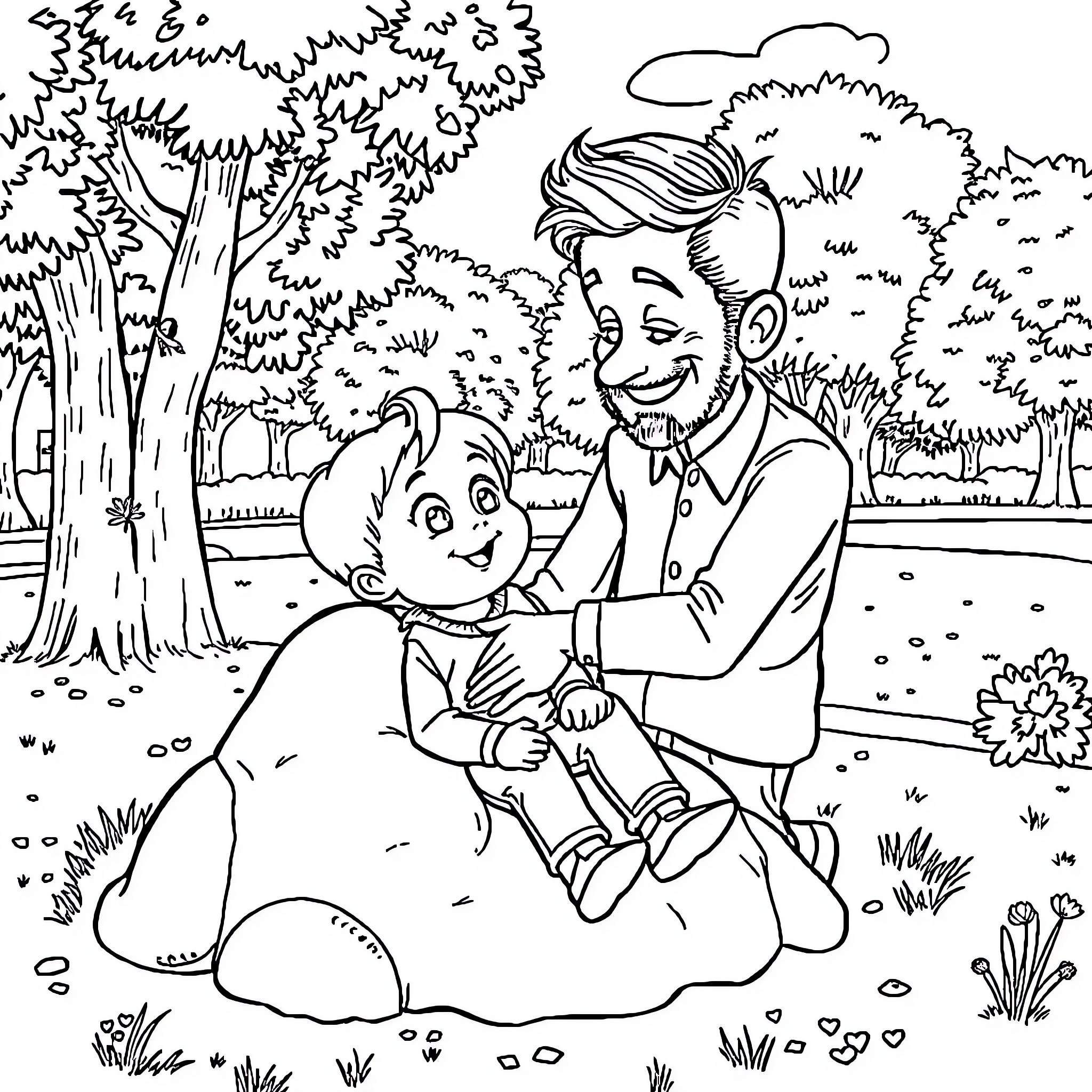 Niño sharing a tender moment with his grandparent in the park Coloring Page (free black-and-white line drawing printable PDF for all, from beginners to advanced learners, including children, teens, adults, and seniors)