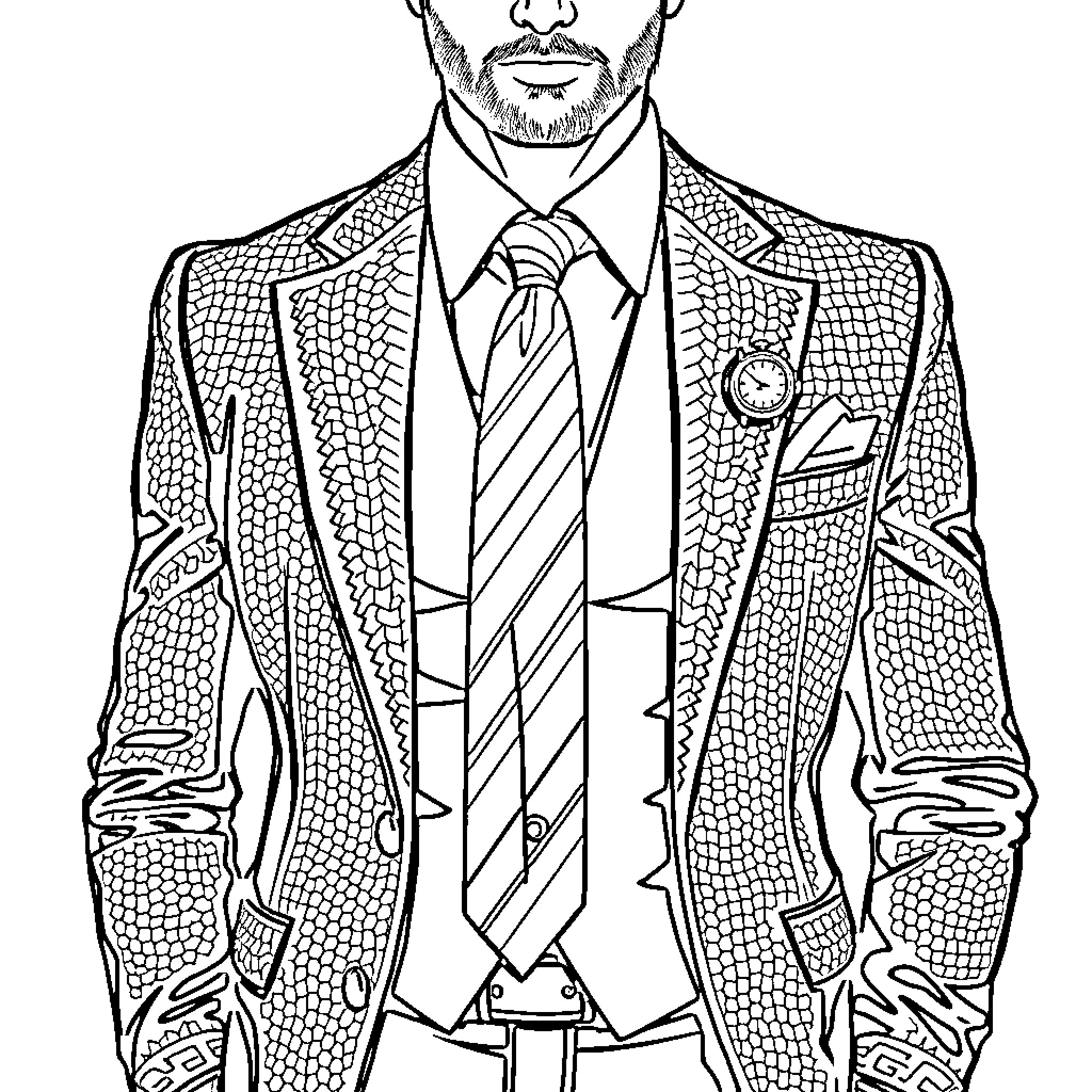 Man in ornate suit and tie with intricate patterns Coloring Page (free black-and-white line drawing printable PDF for all, from beginners to advanced learners, including children, teens, adults, and seniors)