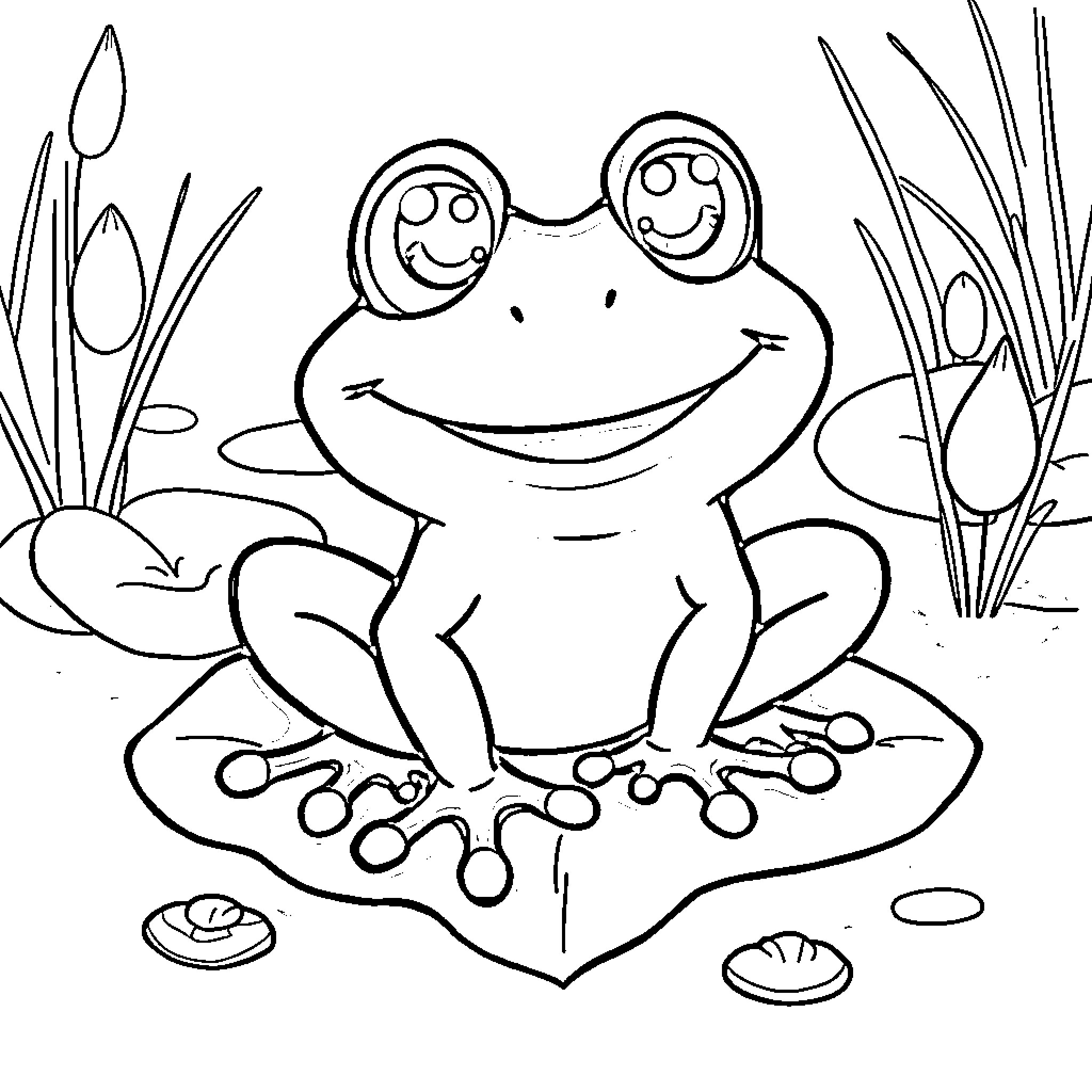 Frog sitting cheerfully on a lily pad Coloring Page (free black-and-white line drawing printable PDF for all, from beginners to advanced learners, including children, teens, adults, and seniors)