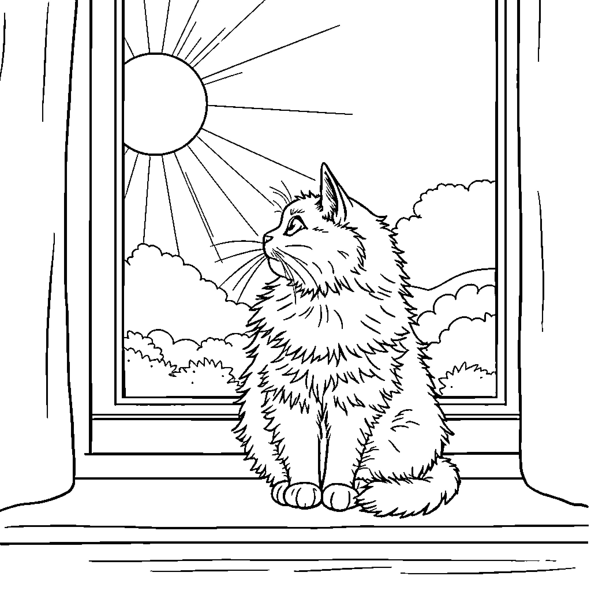 Cat watching the sun through window Coloring Page (free black-and-white line drawing printable PDF for all, from beginners to advanced learners, including children, teens, adults, and seniors)