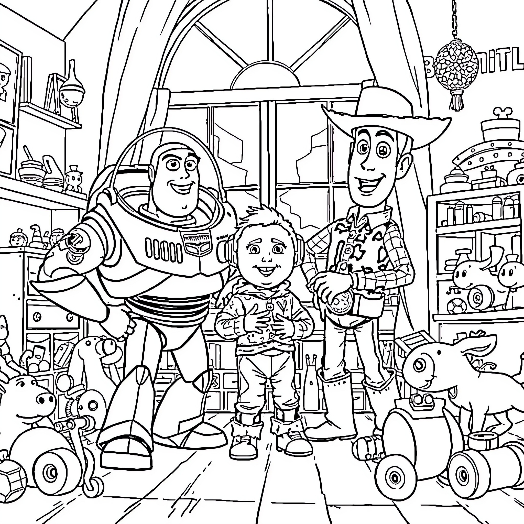 Buzz and Woody with friends explore the toy room Coloring Page (free black-and-white line drawing printable PDF for all, from beginners to advanced learners, including children, teens, adults, and seniors)