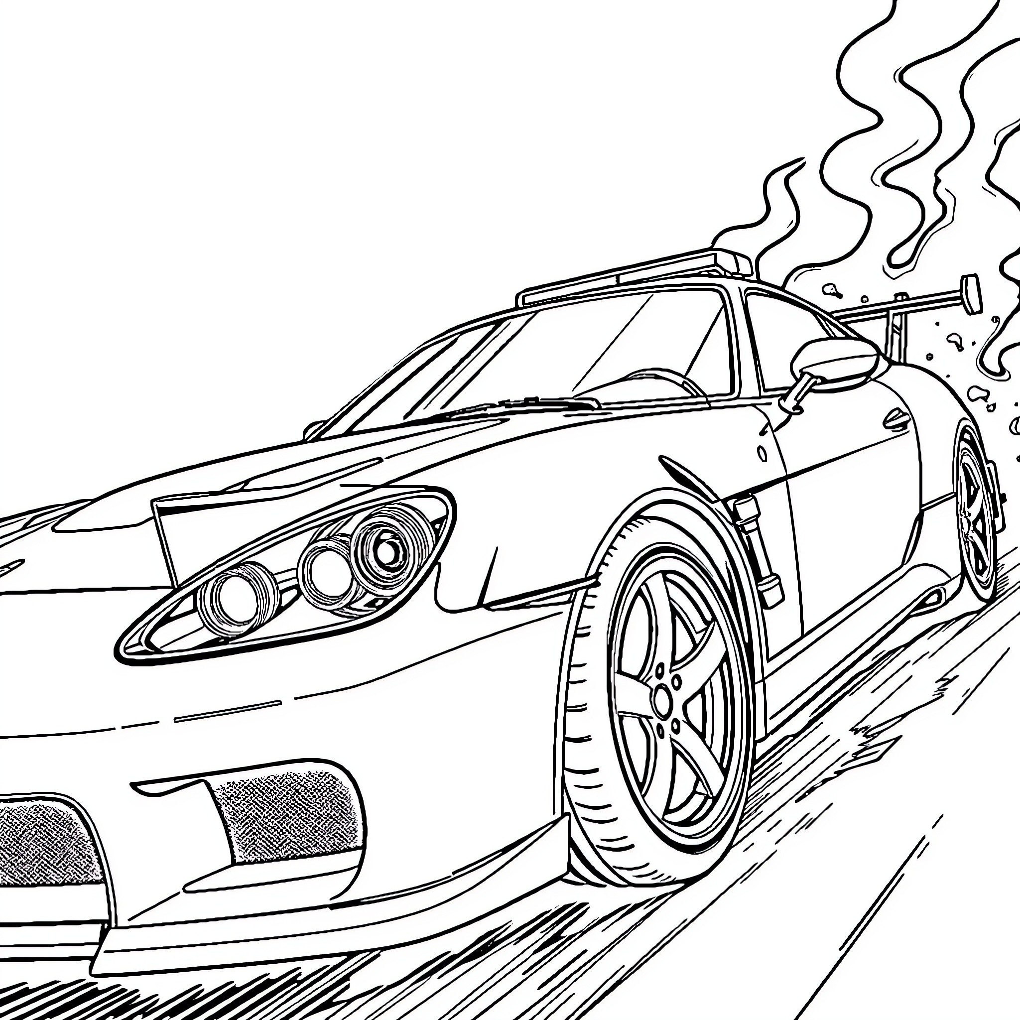 Car racing at high speed on the road Coloring Page (free black-and-white line drawing printable PDF for all, from beginners to advanced learners, including children, teens, adults, and seniors)