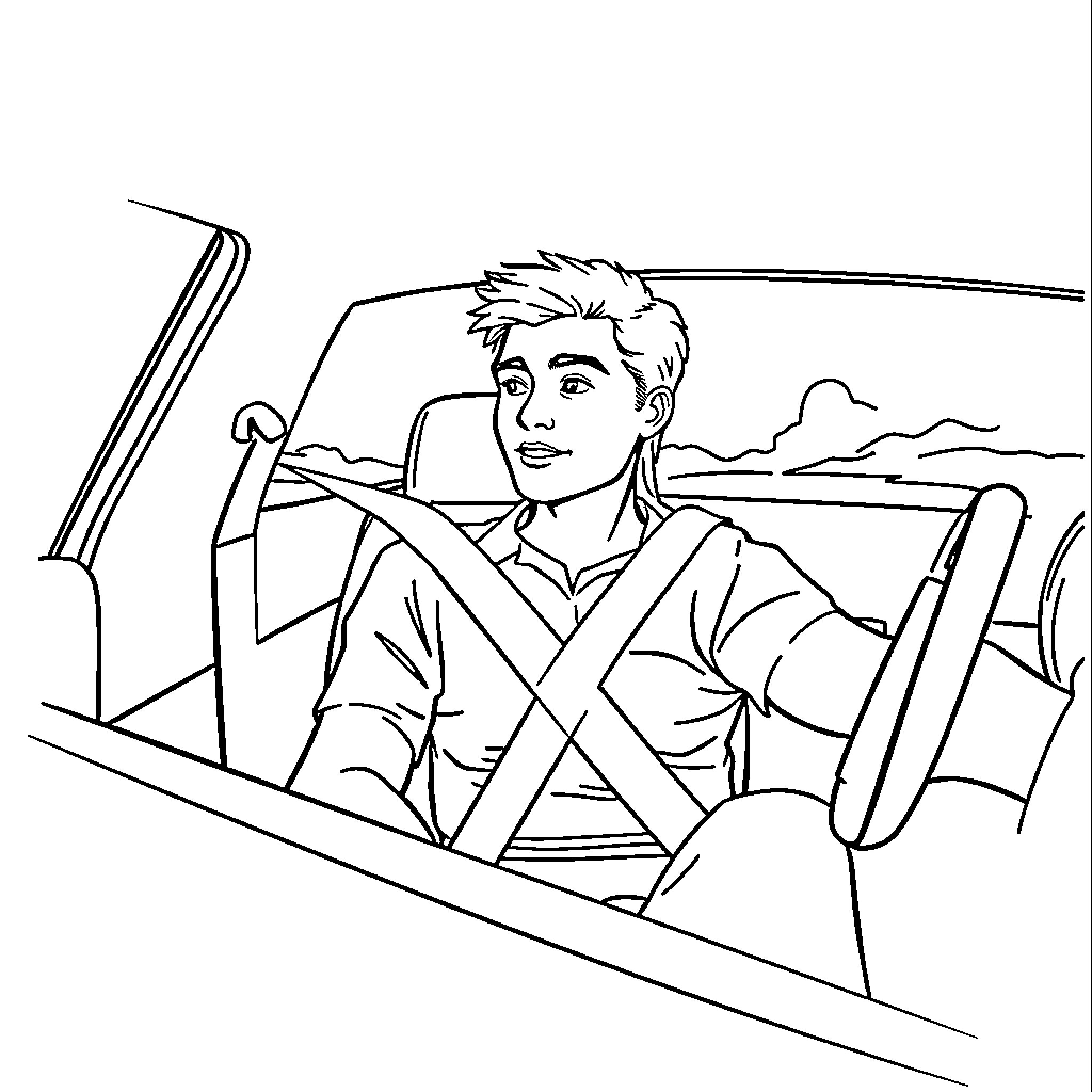 Person driving convertible car on the road Coloring Page (free black-and-white line drawing printable PDF for all, from beginners to advanced learners, including children, teens, adults, and seniors)