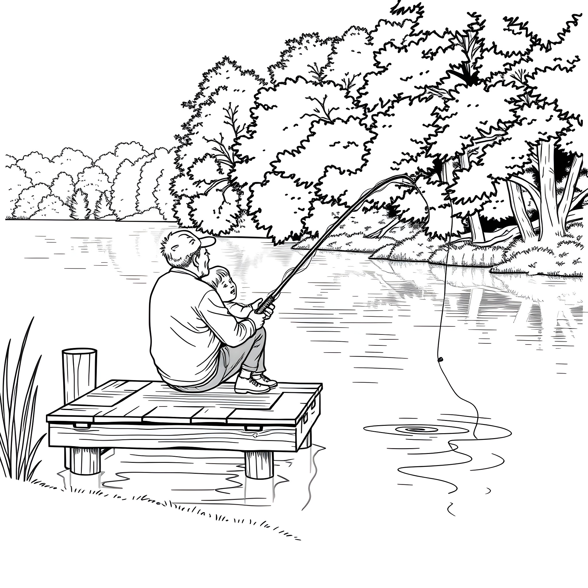 Grandpa fishing peacefully by the lakeside Coloring Page (free black-and-white line drawing printable PDF for all, from beginners to advanced learners, including children, teens, adults, and seniors)