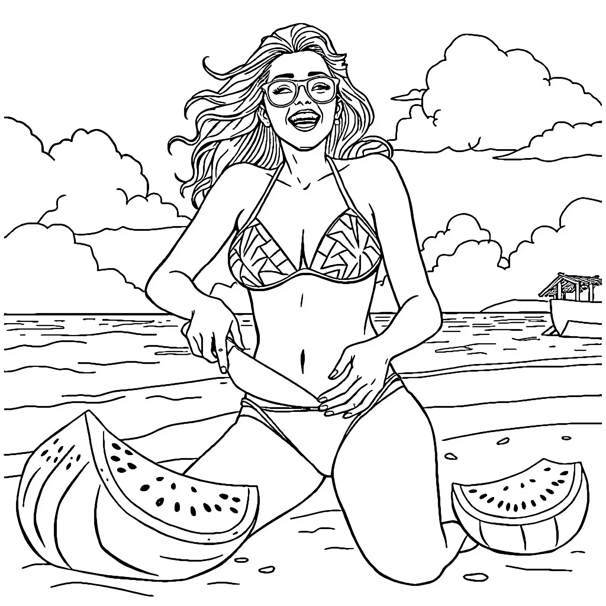 Woman enjoying beach scenery in summer outfit Coloring Page (free black-and-white line drawing printable PDF for all, from beginners to advanced learners, including children, teens, adults, and seniors)