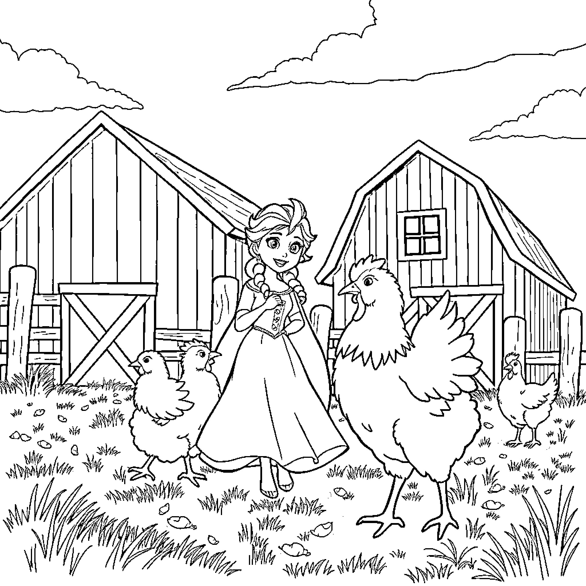 Elsa's Farm Adventure with Farmyard Friends Coloring Page (free black-and-white line drawing printable PDF for all, from beginners to advanced learners, including children, teens, adults, and seniors)
