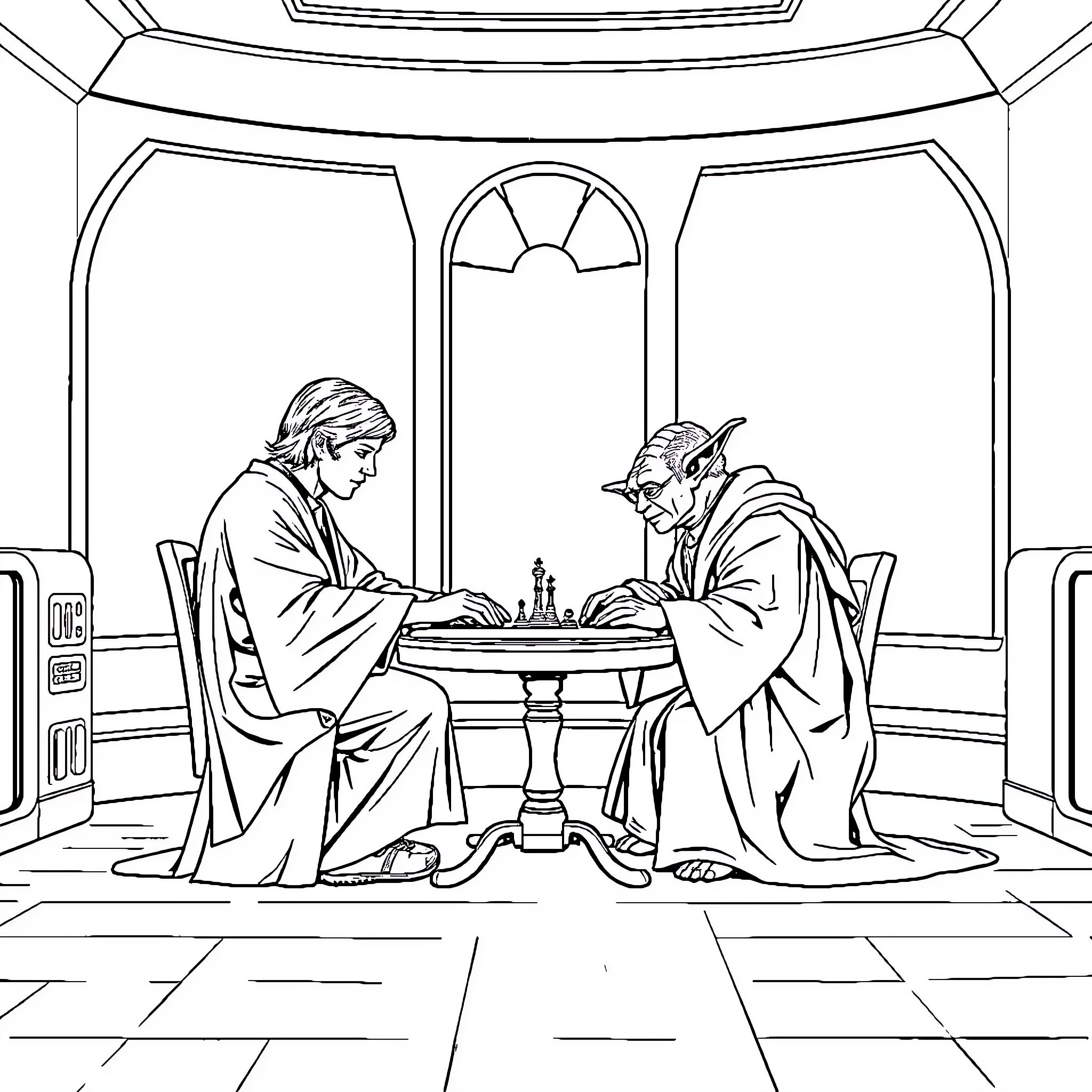 Skywalker's counsel: Jedi masters in earnest discussion Coloring Page (free black-and-white line drawing printable PDF for all, from beginners to advanced learners, including children, teens, adults, and seniors)