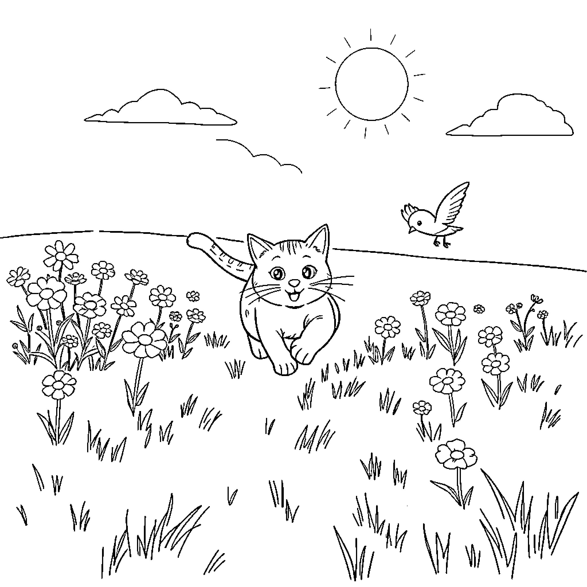 Cat exploring a cheerful floral meadow Coloring Page (free black-and-white line drawing printable PDF for all, from beginners to advanced learners, including children, teens, adults, and seniors)