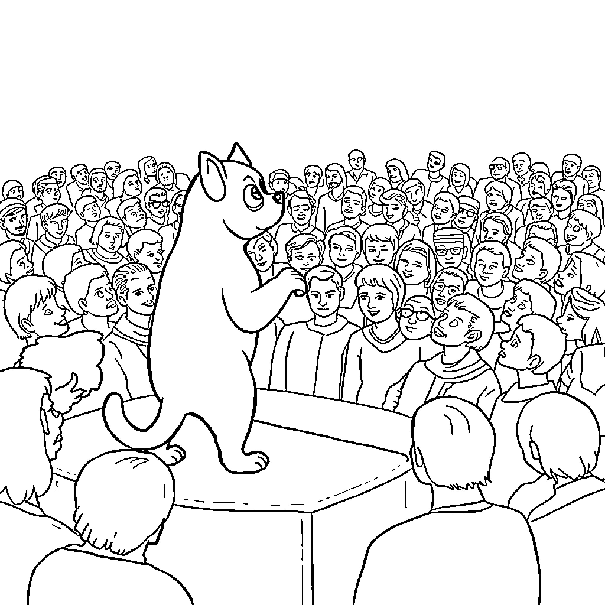 Perrito entertaining a crowd with tricks Coloring Page (free black-and-white line drawing printable PDF for all, from beginners to advanced learners, including children, teens, adults, and seniors)