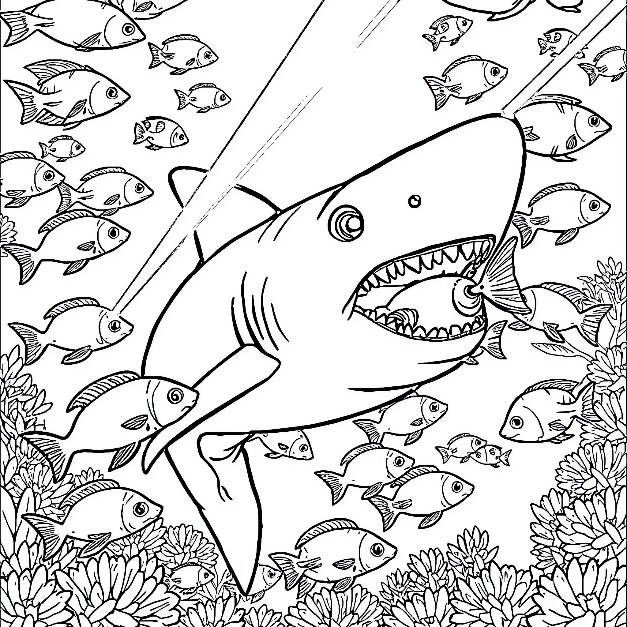 Shark hunting smaller fish in the ocean Coloring Page (free black-and-white line drawing printable PDF for all, from beginners to advanced learners, including children, teens, adults, and seniors)