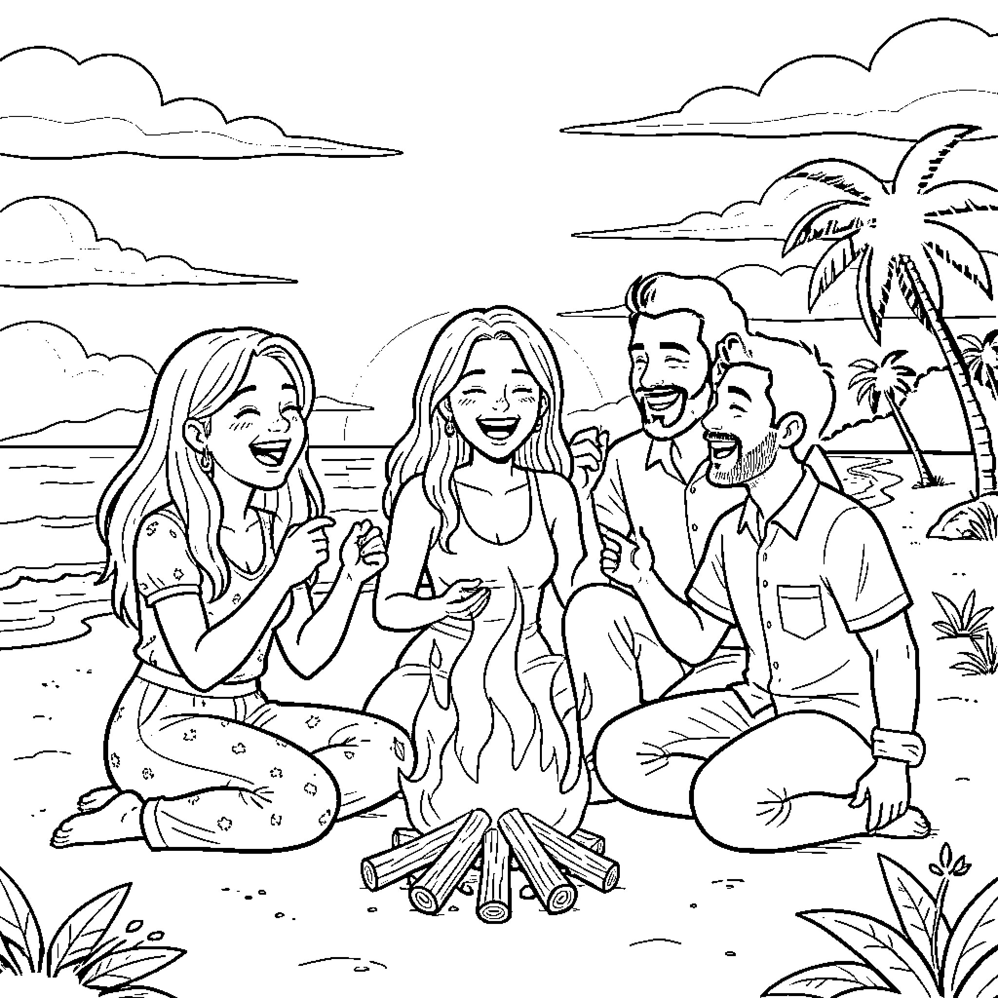 Hermana Friends Enjoying Beach Bonfire Coloring Page (free black-and-white line drawing printable PDF for all, from beginners to advanced learners, including children, teens, adults, and seniors)