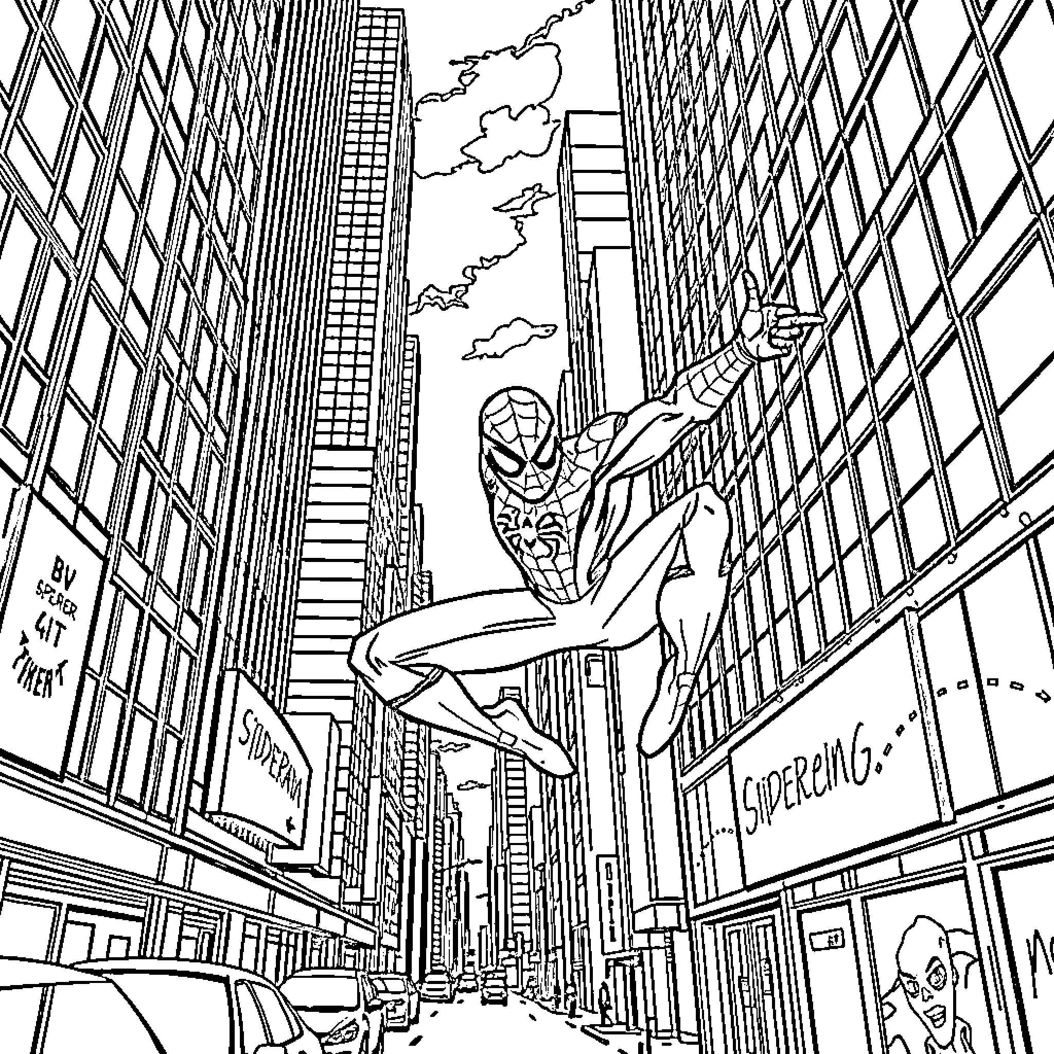 Spiderman swinging through the city streets Coloring Page (free black-and-white line drawing printable PDF for all, from beginners to advanced learners, including children, teens, adults, and seniors)