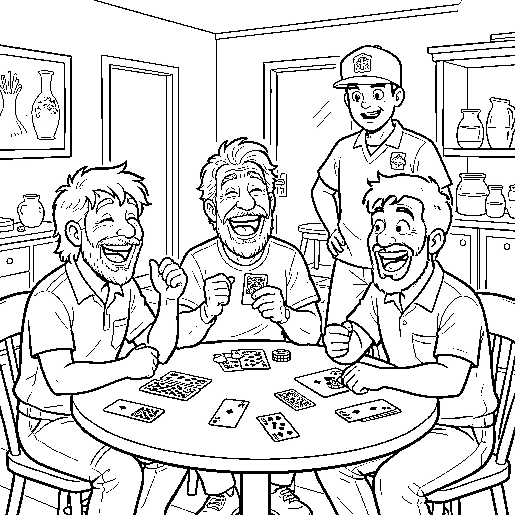 Musing over a Friendly Game Coloring Page (free black-and-white line drawing printable PDF for all, from beginners to advanced learners, including children, teens, adults, and seniors)