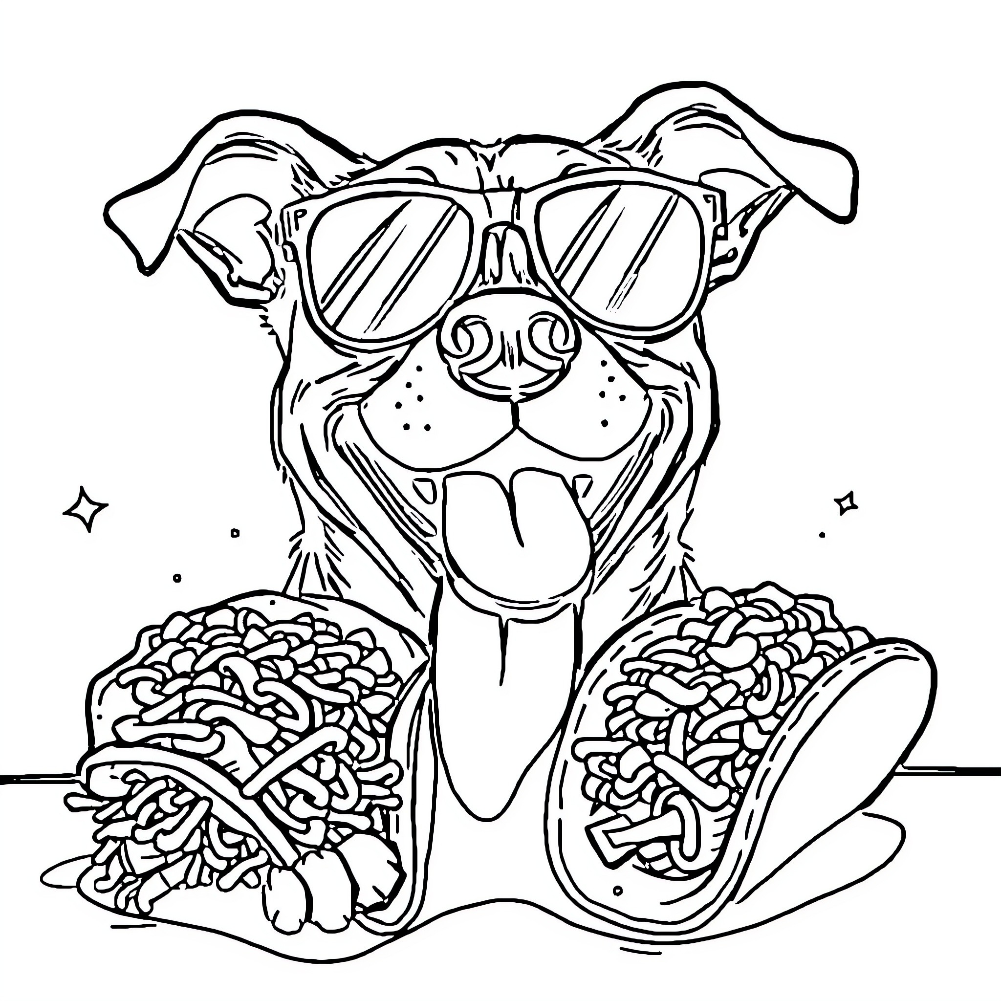Dog enjoying tasty treats in style Coloring Page (free black-and-white line drawing printable PDF for all, from beginners to advanced learners, including children, teens, adults, and seniors)