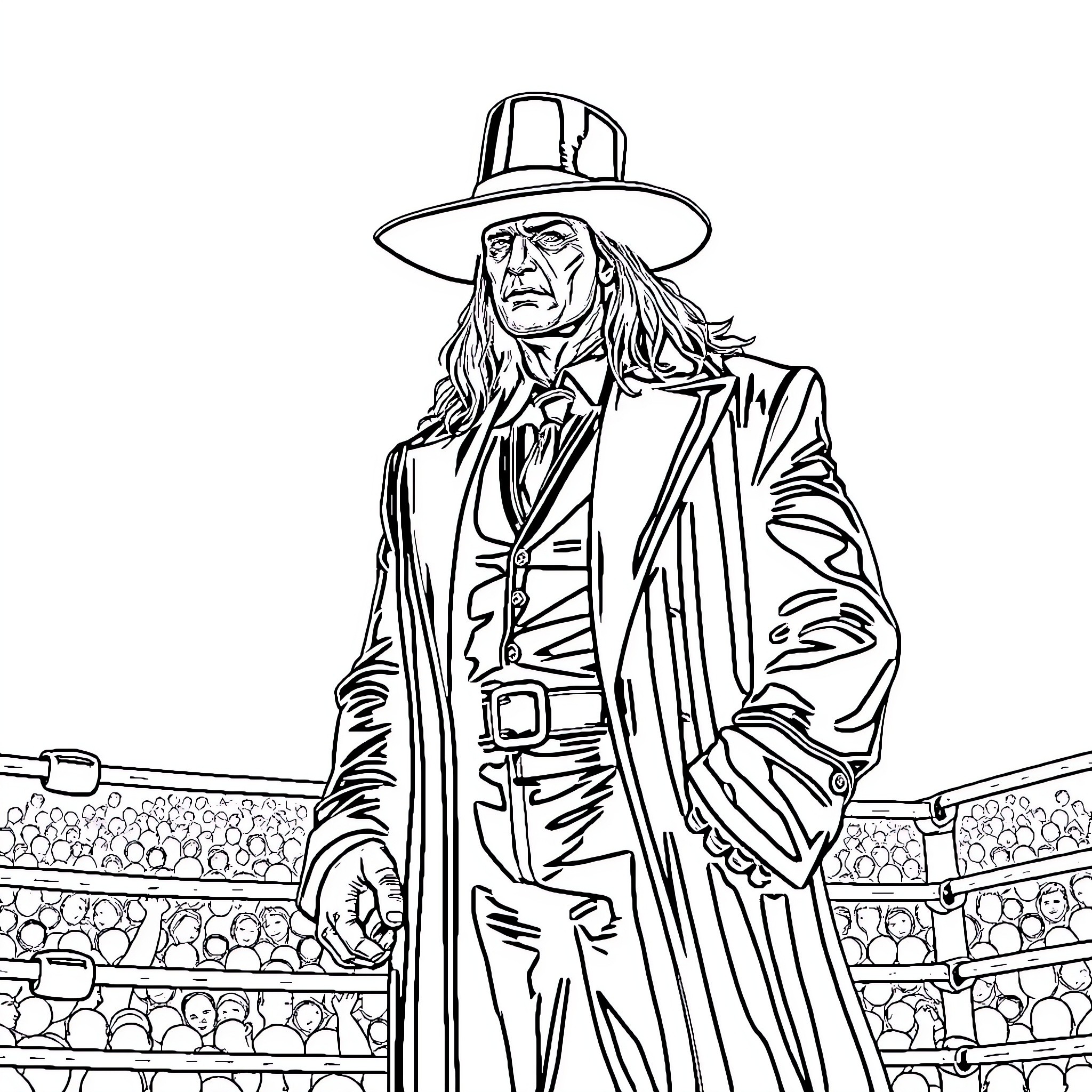 Undertaker in Formal Attire Surveying the Arena Coloring Page (free black-and-white line drawing printable PDF for all, from beginners to advanced learners, including children, teens, adults, and seniors)