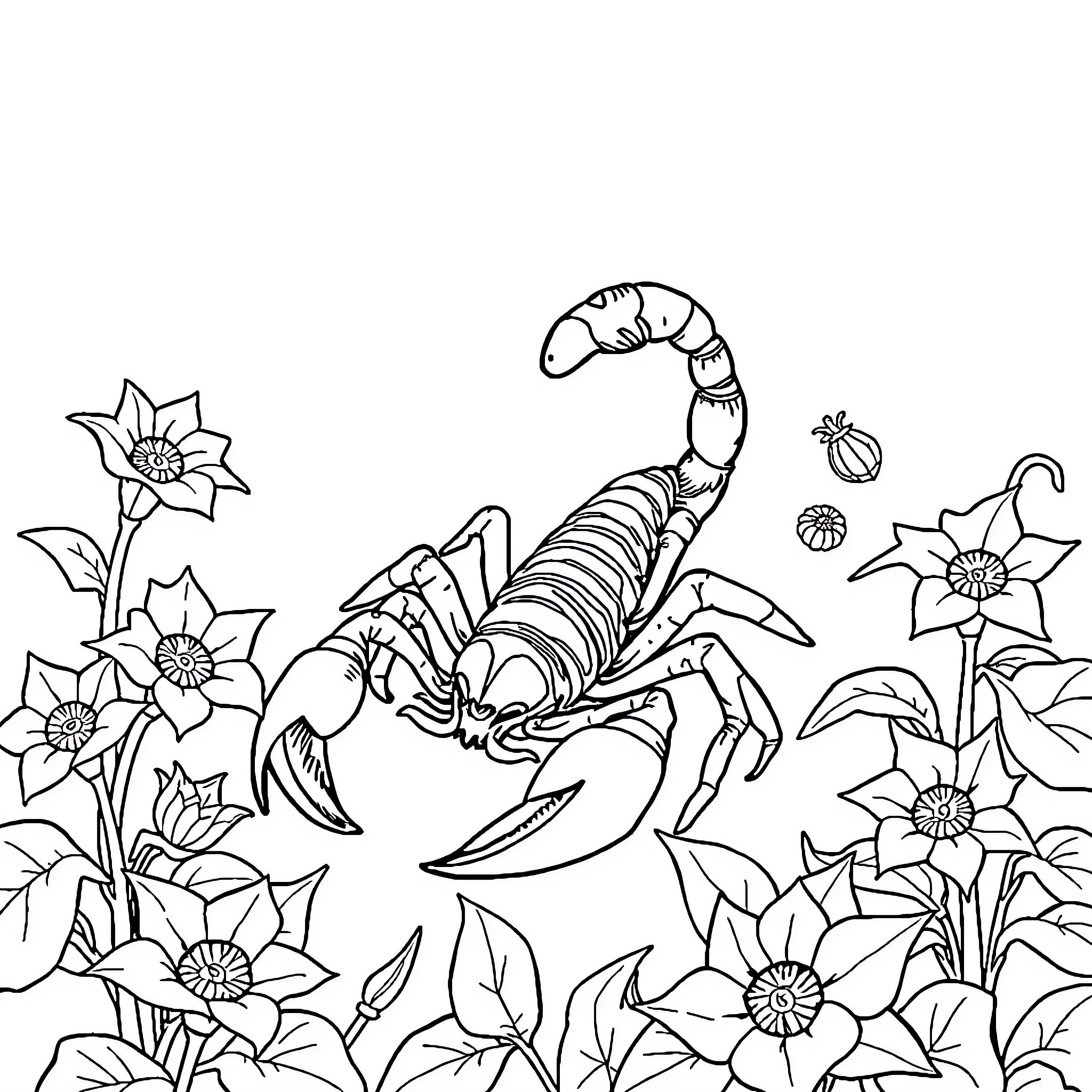 Scorpion amidst vibrant flowers Coloring Page (free black-and-white line drawing printable PDF for all, from beginners to advanced learners, including children, teens, adults, and seniors)