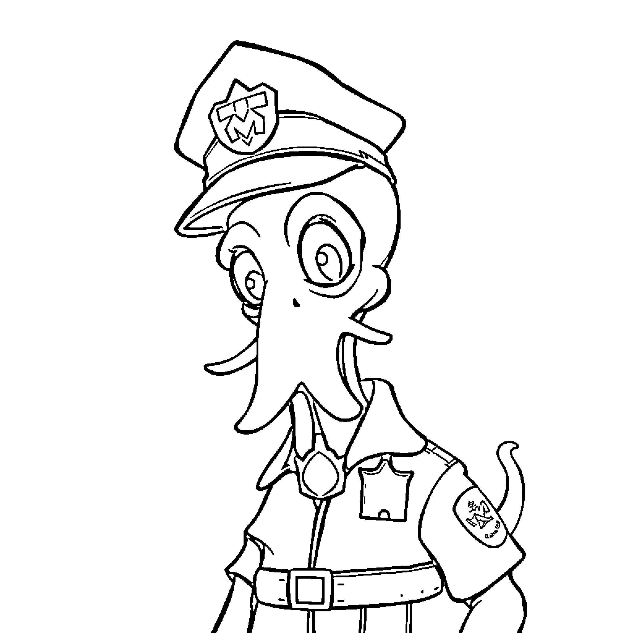 Squid police officer with humorous expression Coloring Page (free black-and-white line drawing printable PDF for all, from beginners to advanced learners, including children, teens, adults, and seniors)