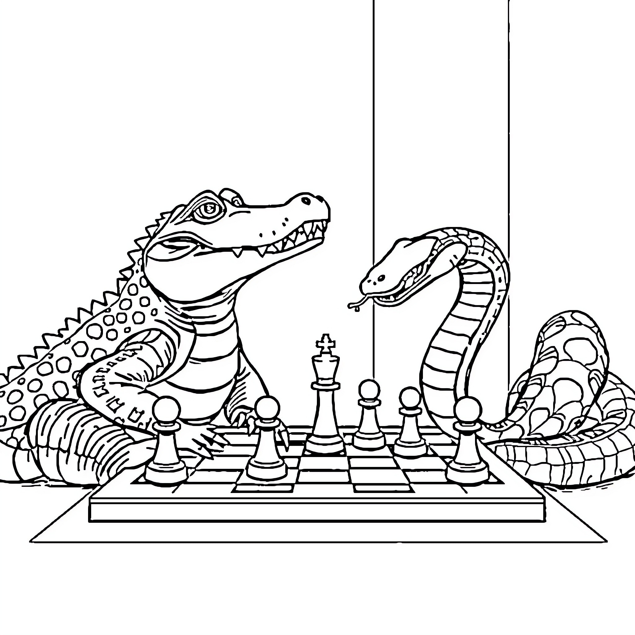 Crocodile Playing Chess with Snake Opponent Coloring Page (free black-and-white line drawing printable PDF for all, from beginners to advanced learners, including children, teens, adults, and seniors)