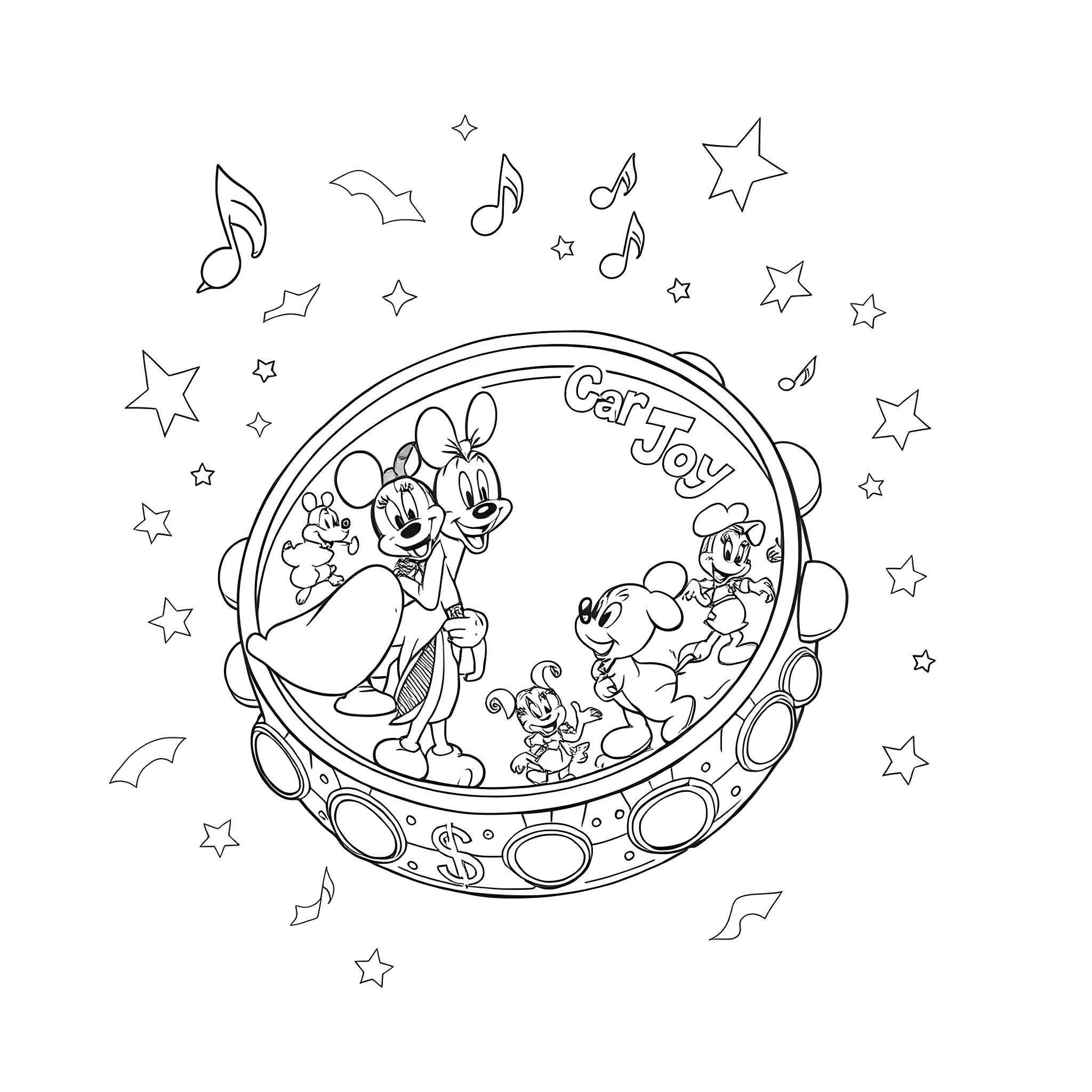 Tambourine and Disney characters dancing in space Coloring Page (free black-and-white line drawing printable PDF for all, from beginners to advanced learners, including children, teens, adults, and seniors)