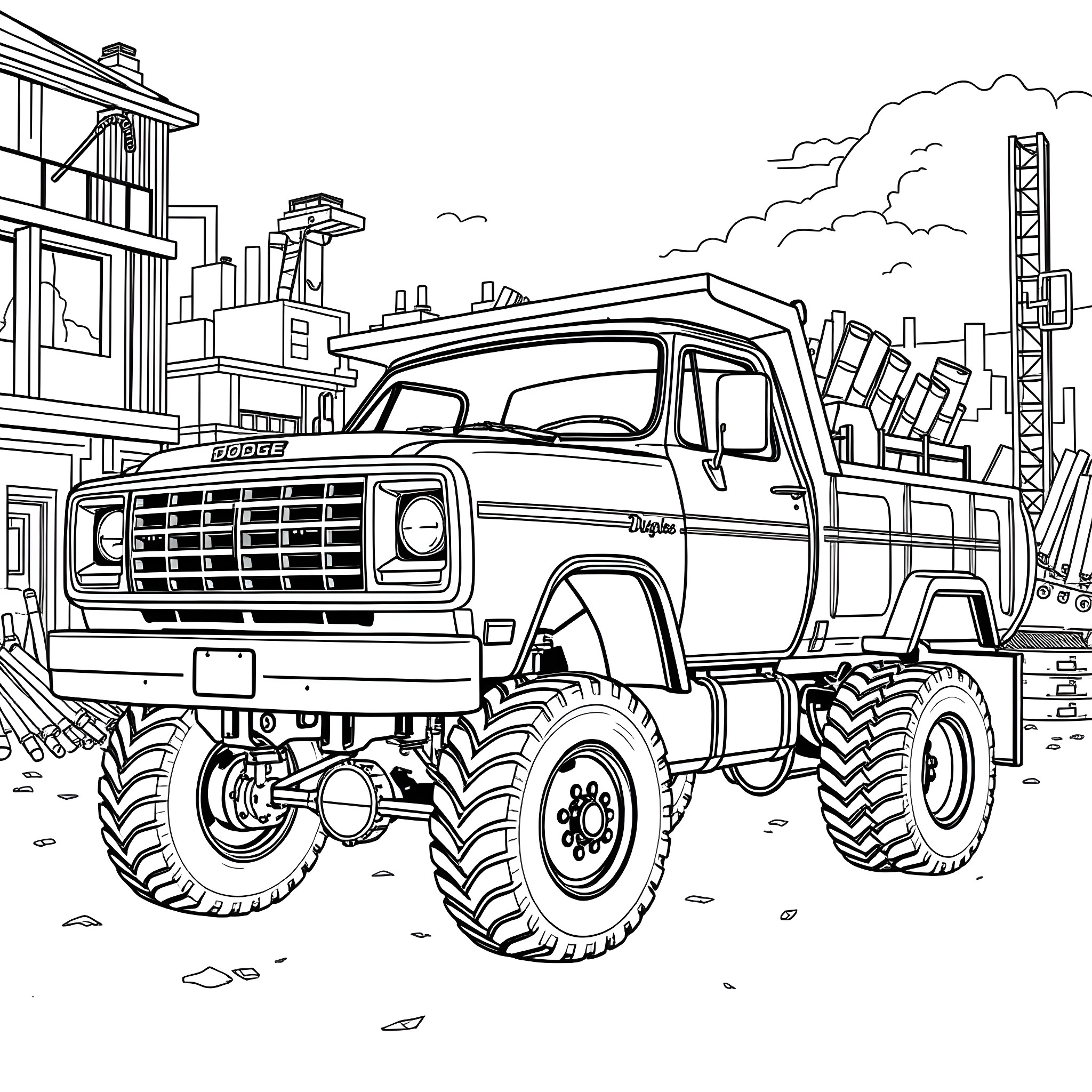 Dodge truck with oversized tires in the city Coloring Page (free black-and-white line drawing printable PDF for all, from beginners to advanced learners, including children, teens, adults, and seniors)
