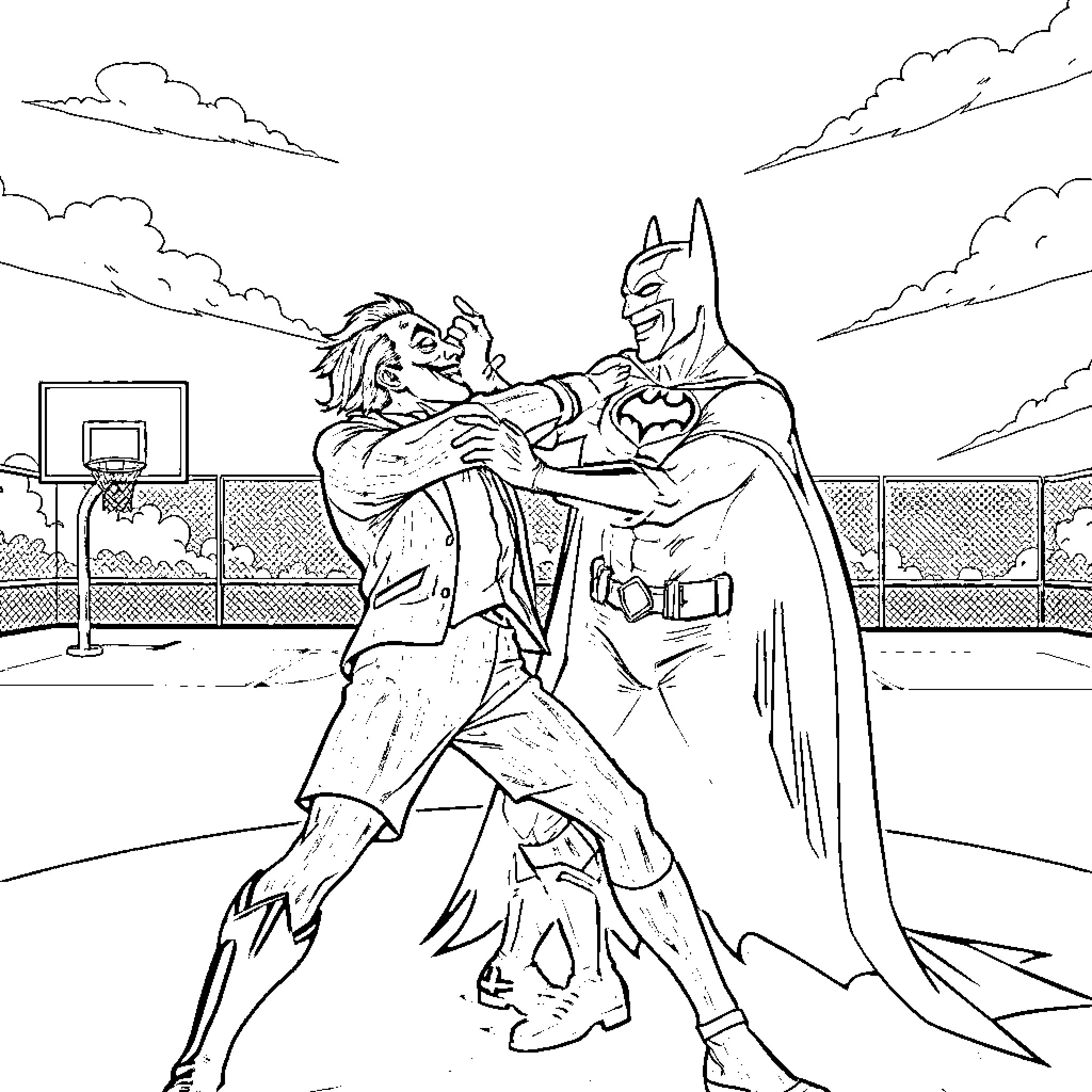 Batman apprehending a criminal in a basketball court Coloring Page (free black-and-white line drawing printable PDF for all, from beginners to advanced learners, including children, teens, adults, and seniors)