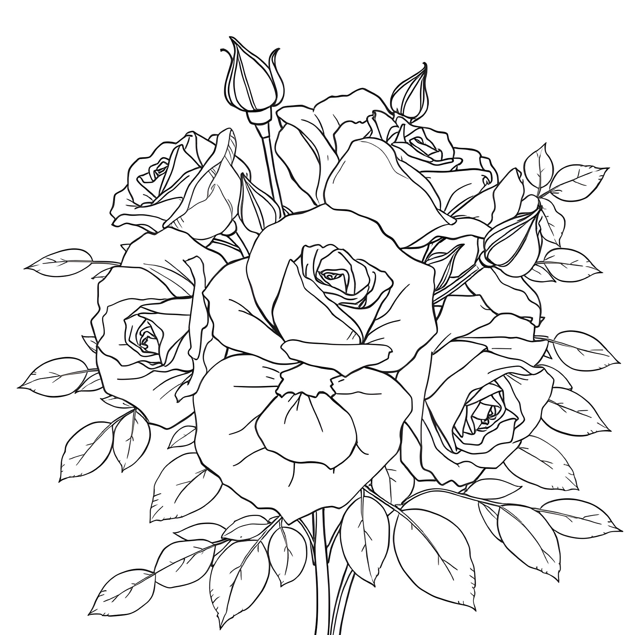 Rose bouquet with blooming flowers and leaves Coloring Page (free black-and-white line drawing printable PDF for all, from beginners to advanced learners, including children, teens, adults, and seniors)
