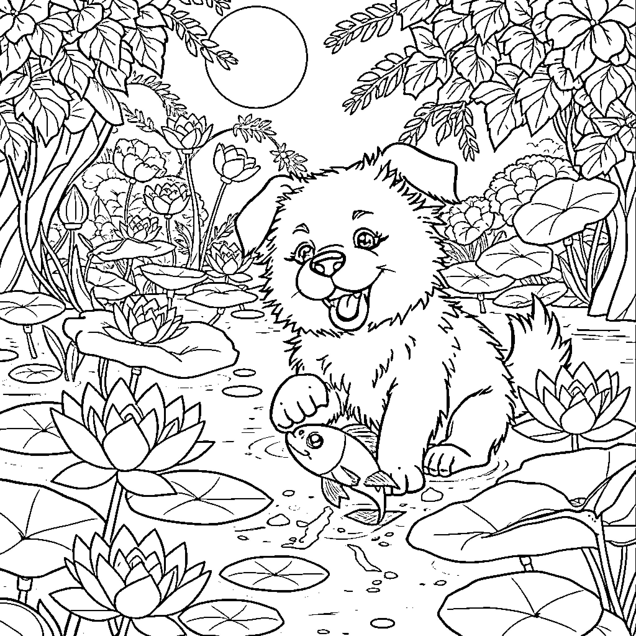 Dog exploring a magical forest landscape Coloring Page (free black-and-white line drawing printable PDF for all, from beginners to advanced learners, including children, teens, adults, and seniors)