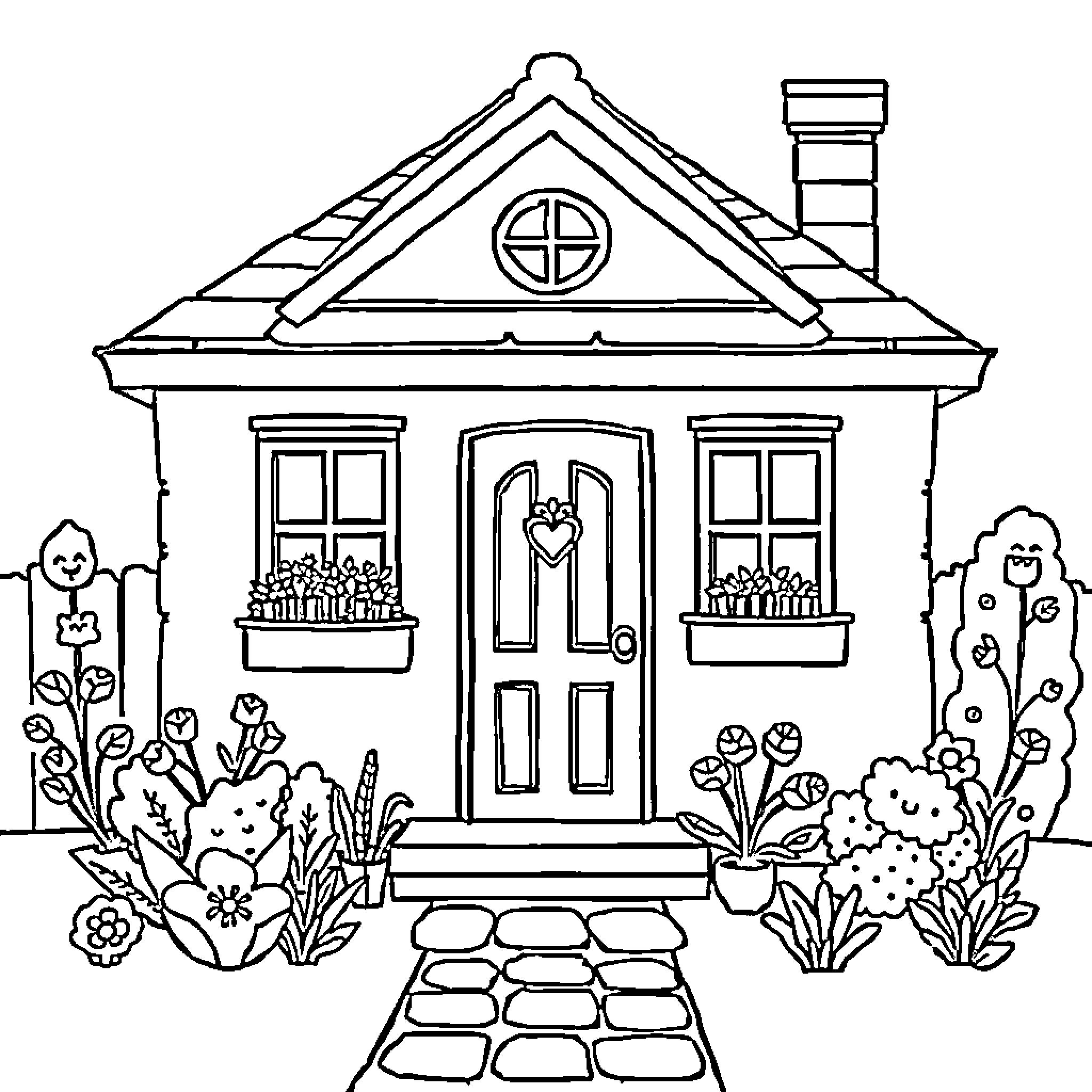 House with Decorative Entrance and Landscaping Coloring Page (free black-and-white line drawing printable PDF for all, from beginners to advanced learners, including children, teens, adults, and seniors)