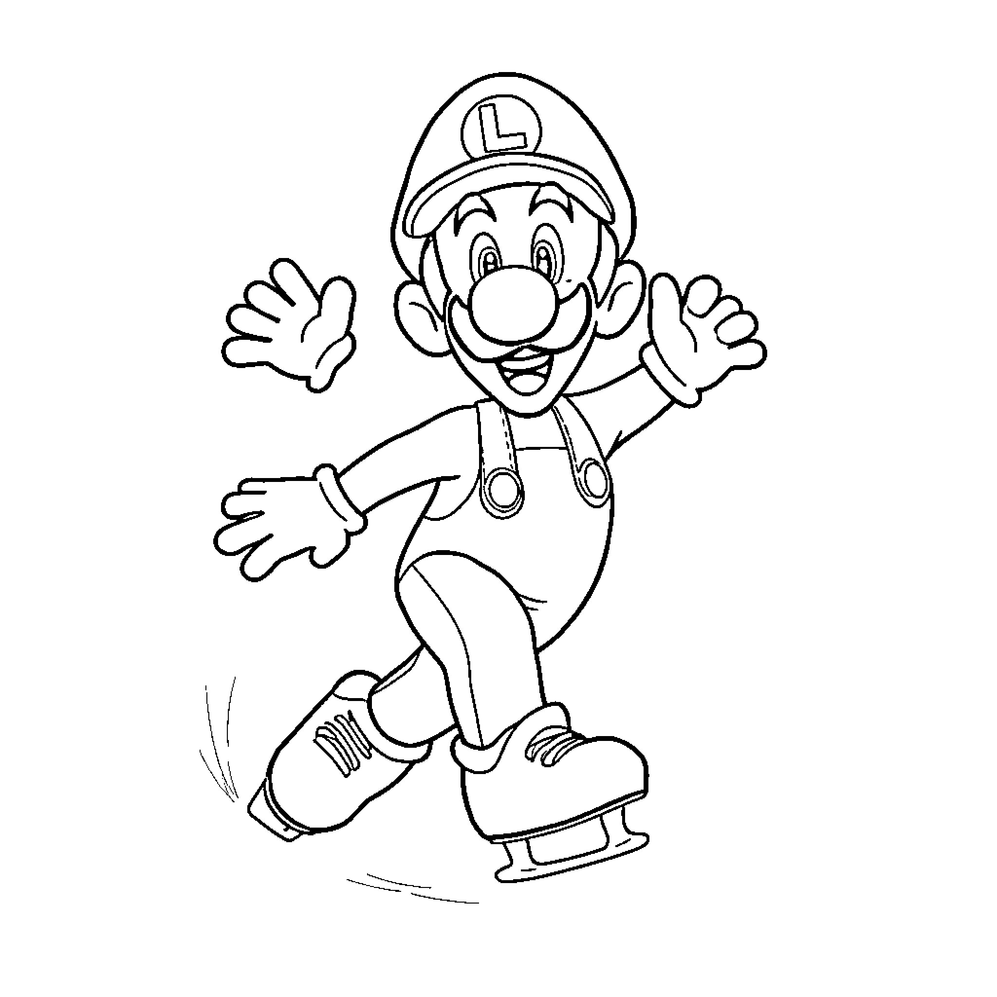 Luigi ice skating with a joyful expression Coloring Page (free black-and-white line drawing printable PDF for all, from beginners to advanced learners, including children, teens, adults, and seniors)