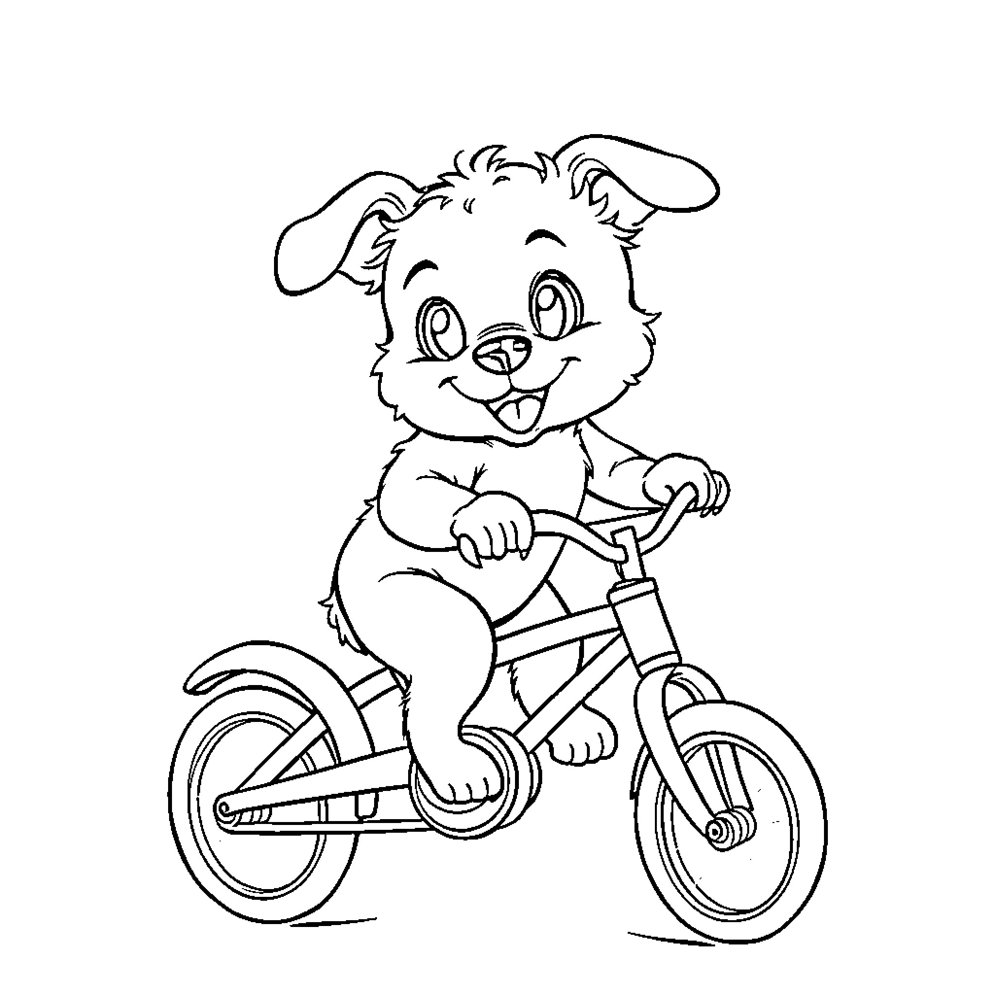 Puppy riding a bicycle cheerfully Coloring Page (free black-and-white line drawing printable PDF for all, from beginners to advanced learners, including children, teens, adults, and seniors)