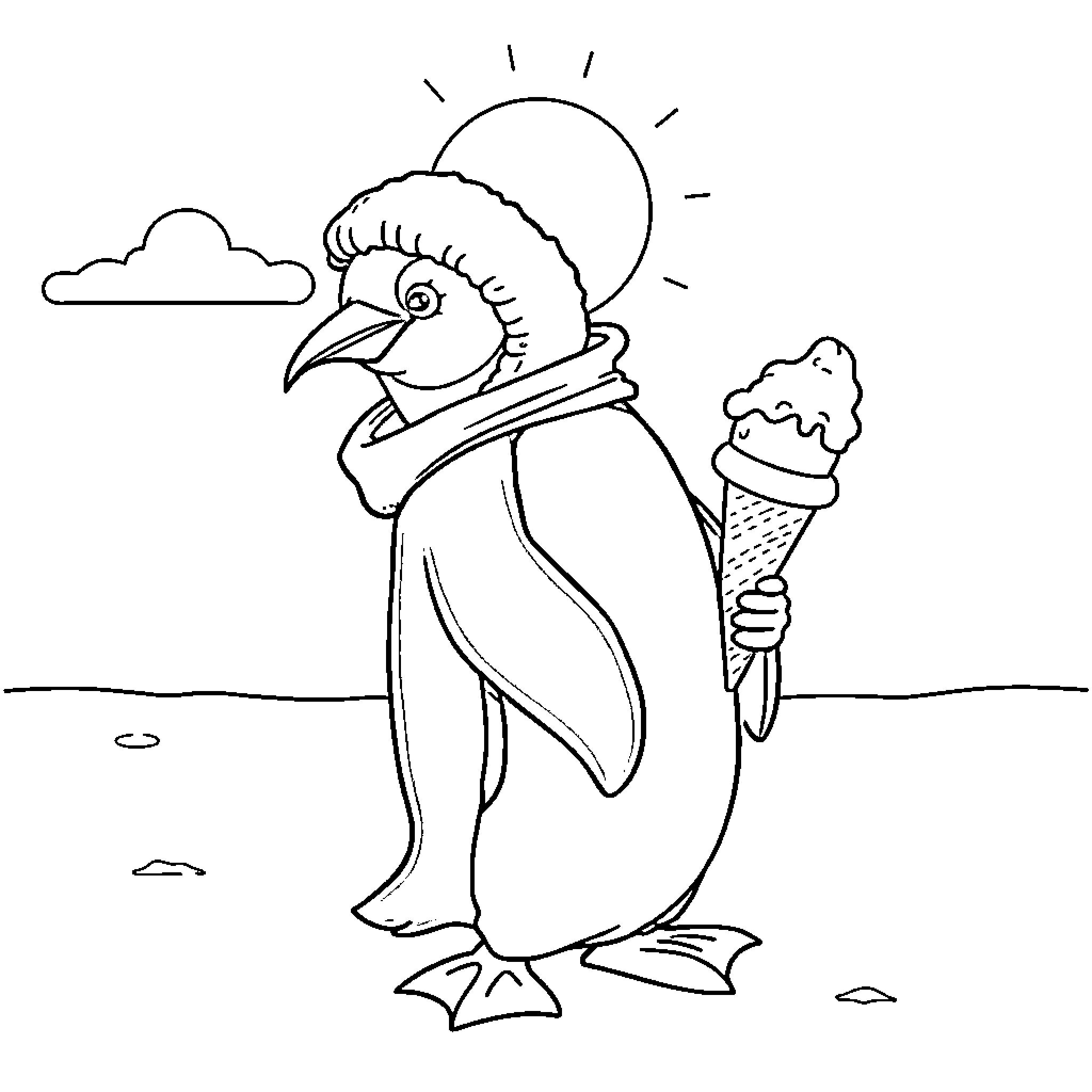 Penguin enjoying a sunny day with ice cream Coloring Page (free black-and-white line drawing printable PDF for all, from beginners to advanced learners, including children, teens, adults, and seniors)