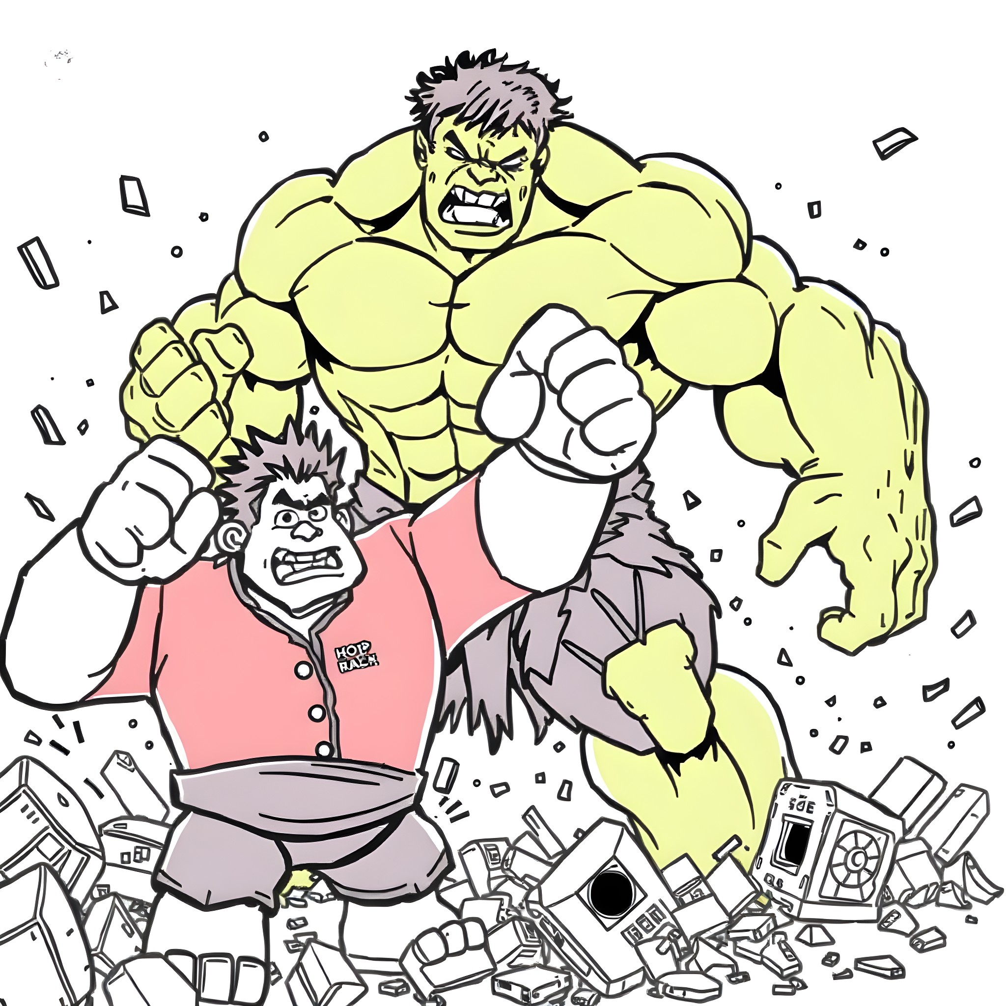 Ralph's Heroic Rampage through Gadgets and Gizmos Coloring Page (free black-and-white line drawing printable PDF for all, from beginners to advanced learners, including children, teens, adults, and seniors)