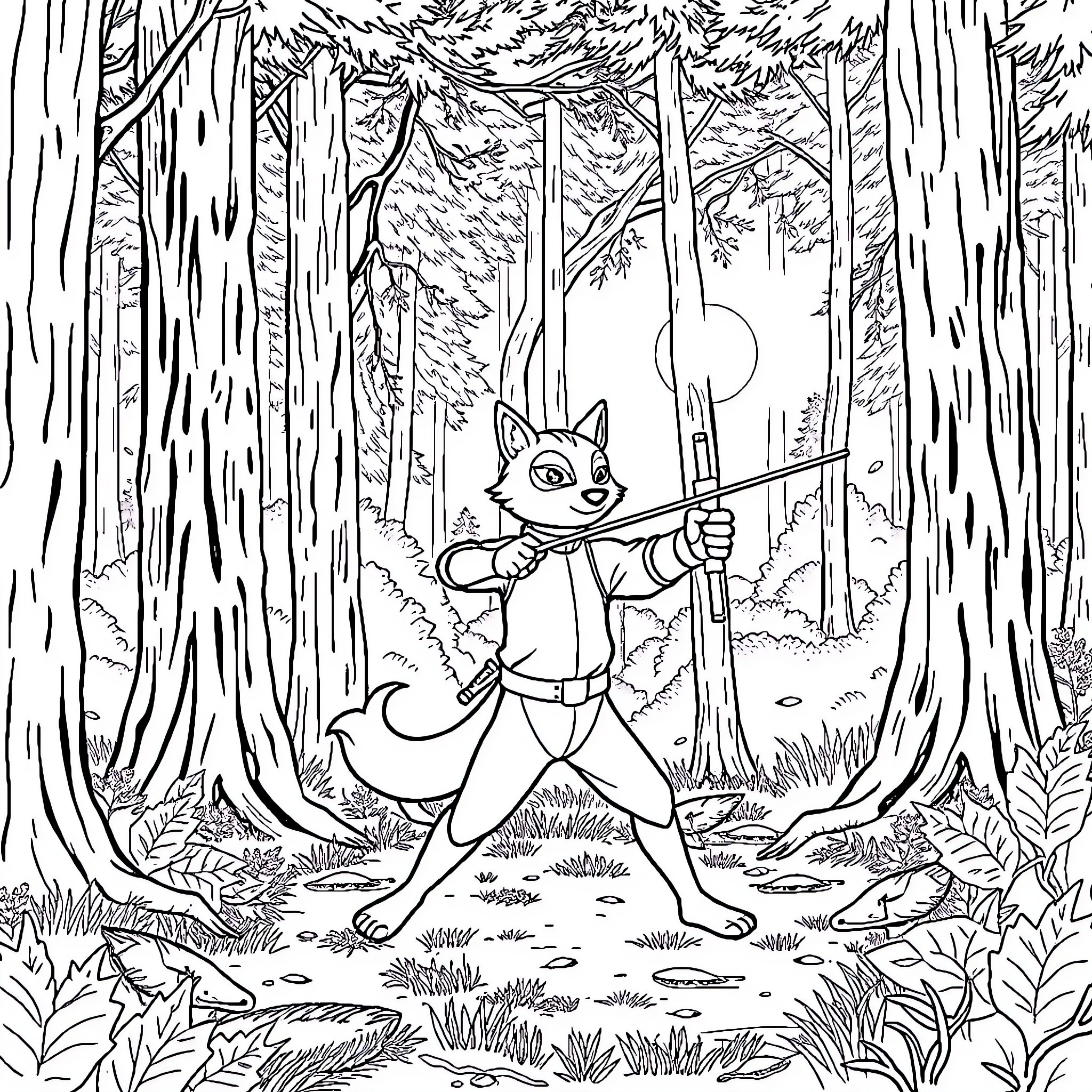 Fencing action in a forest scene Coloring Page (free black-and-white line drawing printable PDF for all, from beginners to advanced learners, including children, teens, adults, and seniors)