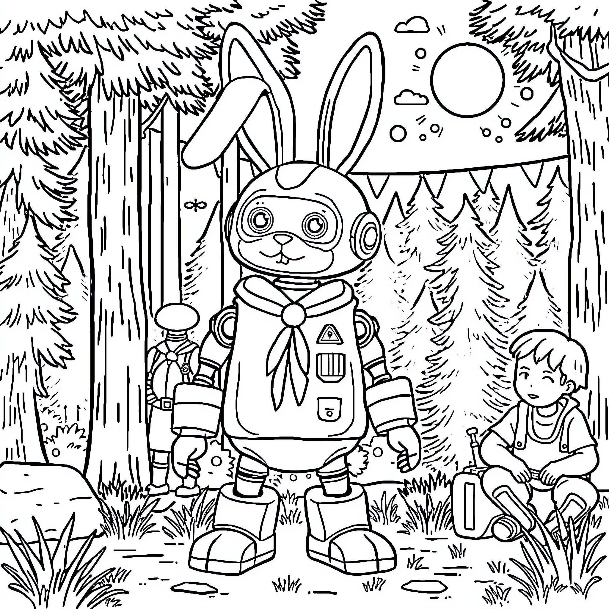 Robot Bunny exploring the forest with a friend Coloring Page (free black-and-white line drawing printable PDF for all, from beginners to advanced learners, including children, teens, adults, and seniors)