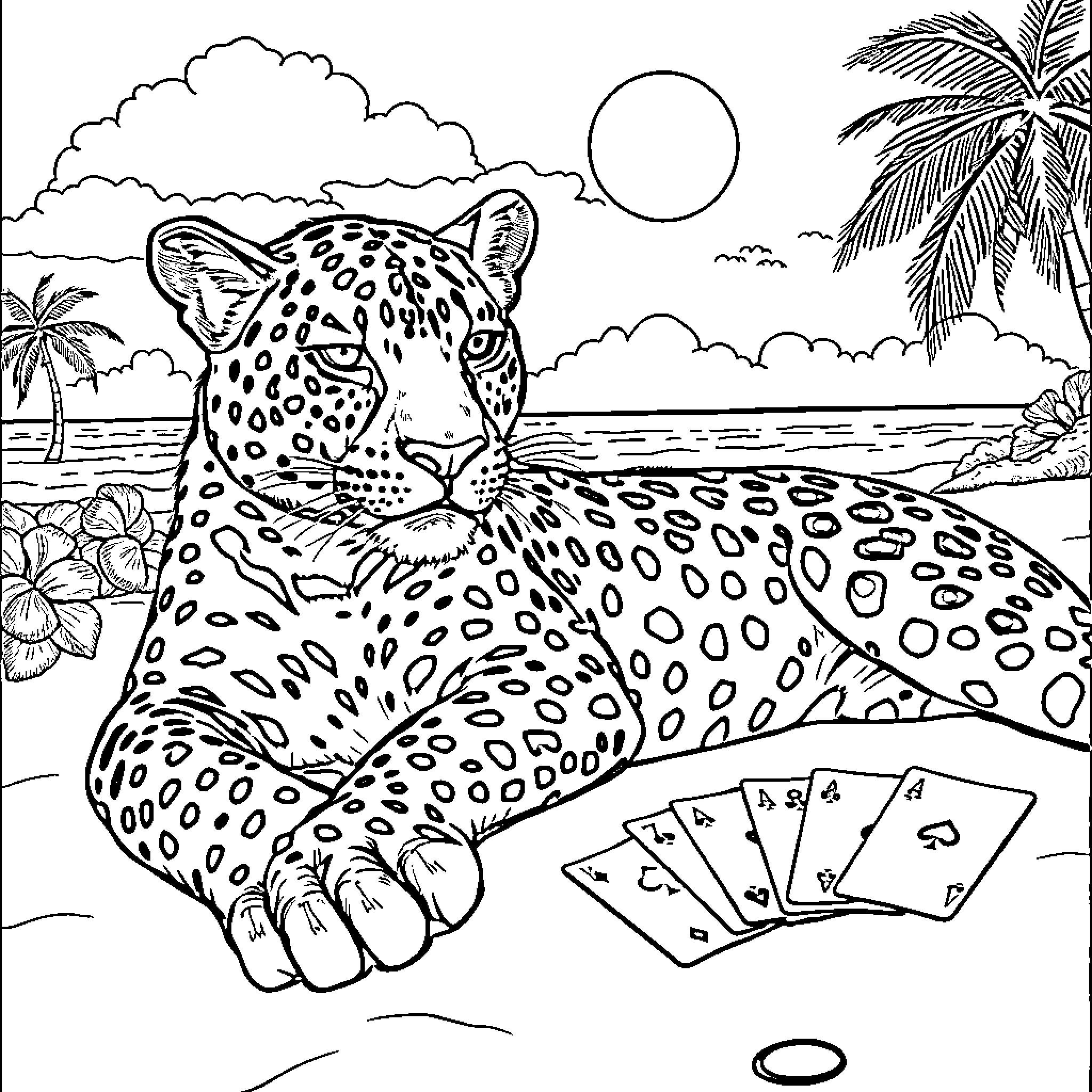 Leopard relaxing on the tropical beach with playing cards Coloring Page (free black-and-white line drawing printable PDF for all, from beginners to advanced learners, including children, teens, adults, and seniors)