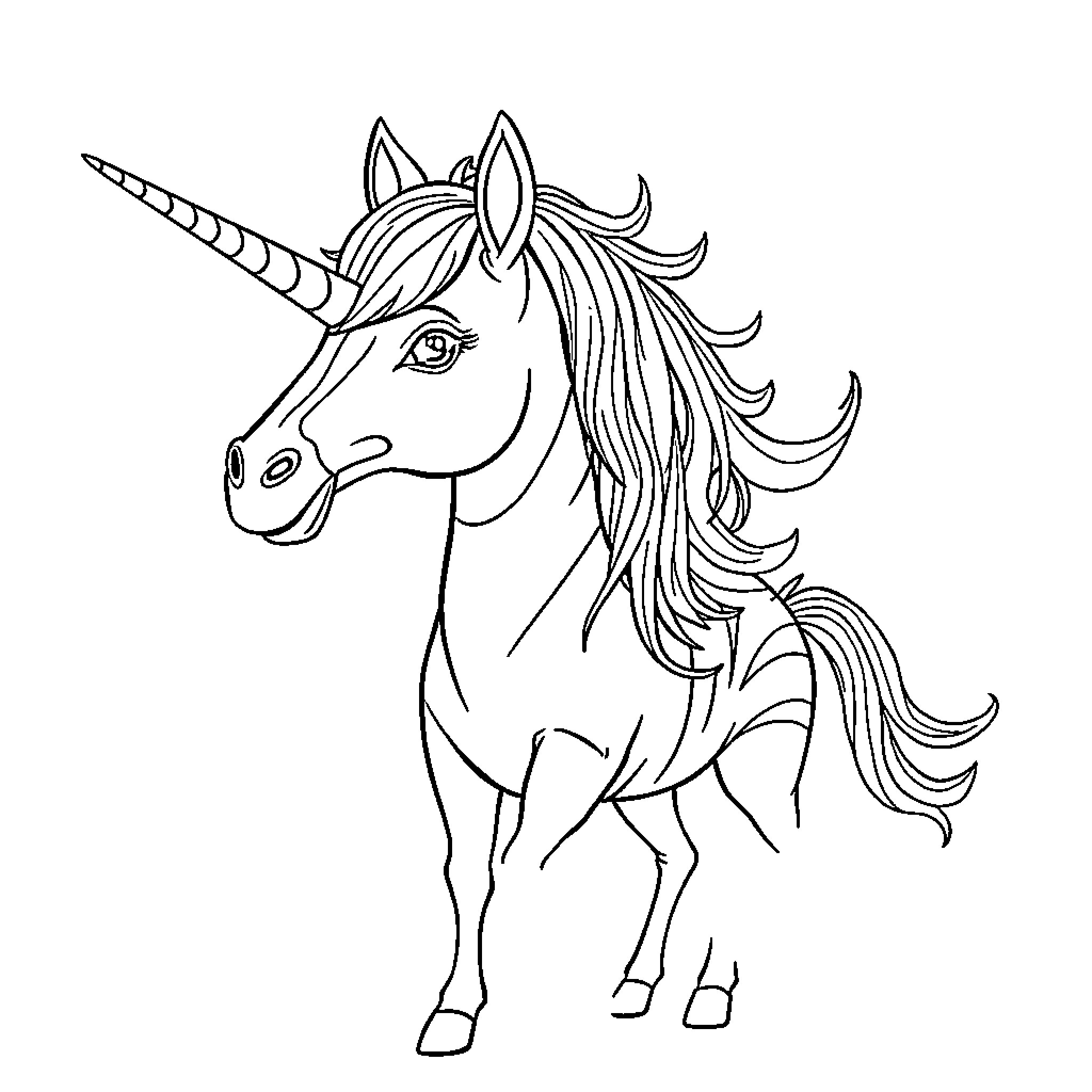 Jirafa unicorn in elegant pose Coloring Page (free black-and-white line drawing printable PDF for all, from beginners to advanced learners, including children, teens, adults, and seniors)