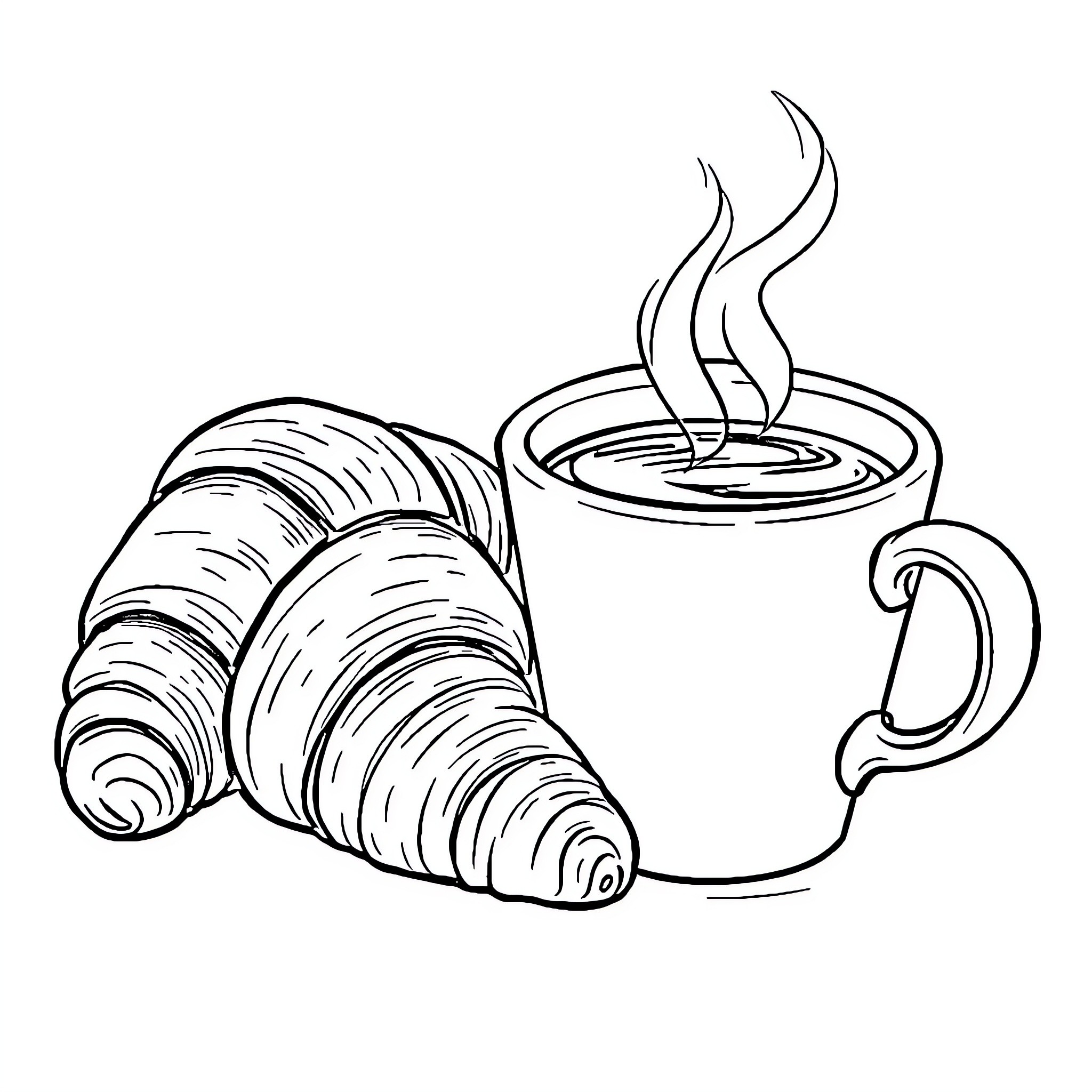 Coffee and Croissants Delight Coloring Page (free black-and-white line drawing printable PDF for all, from beginners to advanced learners, including children, teens, adults, and seniors)