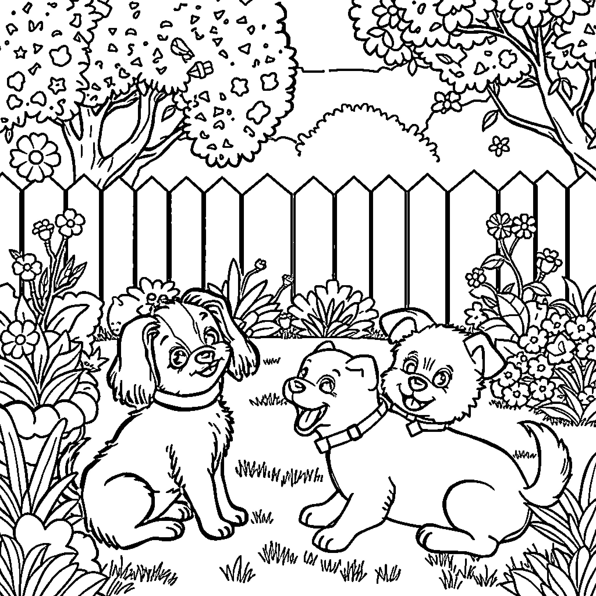 Dogs playing in a garden with flowers Coloring Page (free black-and-white line drawing printable PDF for all, from beginners to advanced learners, including children, teens, adults, and seniors)